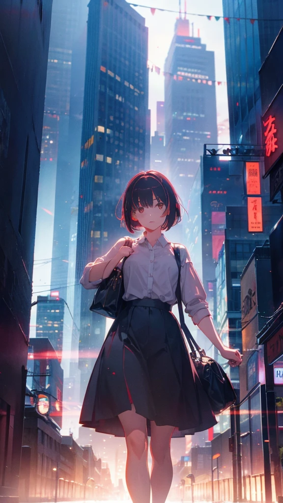 girl with short bob hair,Red eyes ,A shining heaven,Walking in heaven,A distant view,Buildings,up