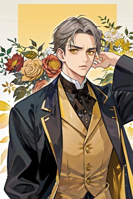 anime man in his late 40s with short brown and grey hair and yellow eyes with scowl and forehead lines dressed in Victorian dark suit