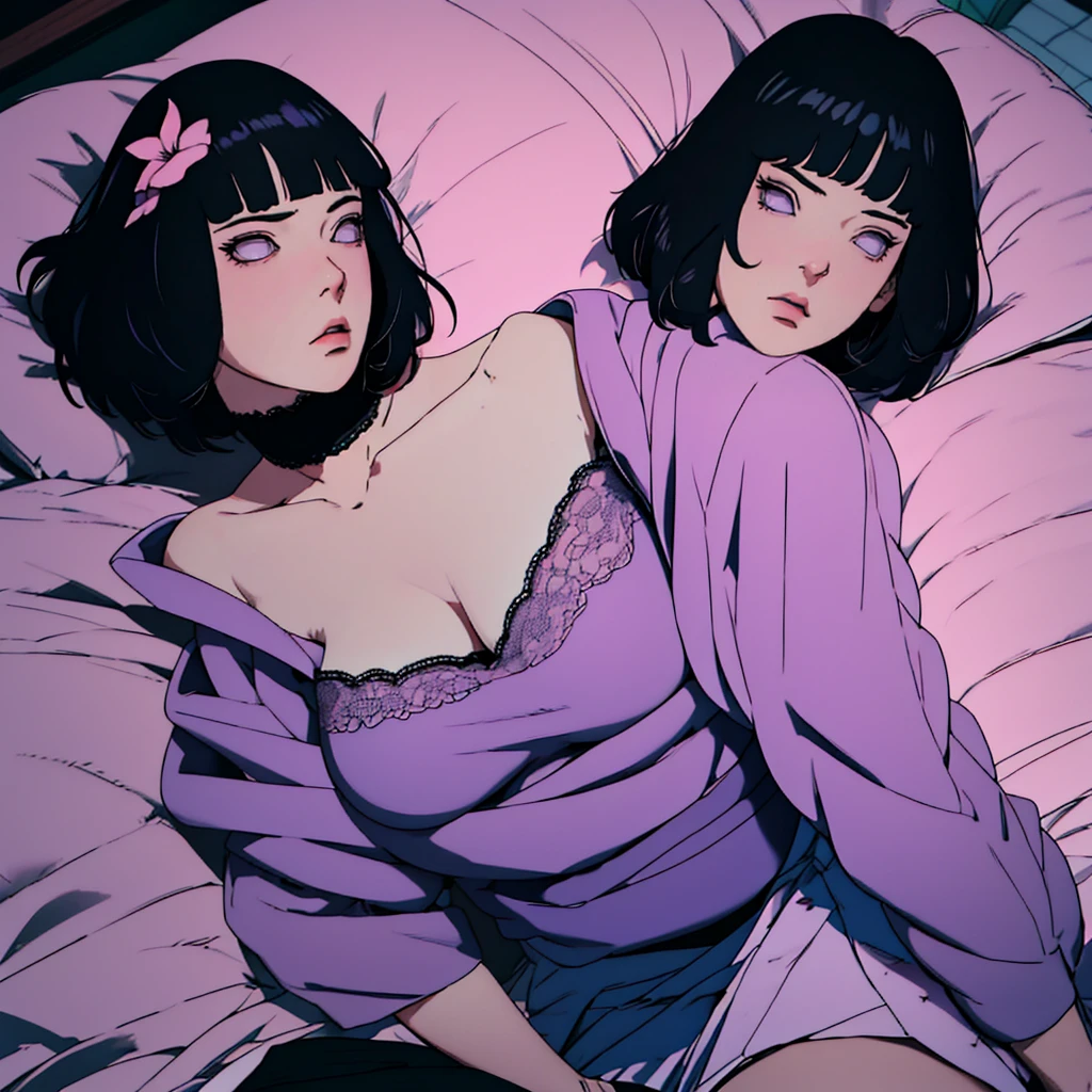 { - anatomy error} (Masterpiece - Ultra-detailed, very high resolution) (huge titusty, masterpiece, absurdres, hinata\(boruto\), 1girl, solo,mature female, off-shoulder bra, high waist black short skirt, looking at viewelling petals), perfect composition, detailed lips, big breast, beautiful face, body propotion, blush, (pink lips), short hair, (black hair), purple eyes, soft gaze, super realistic, detailed, photoshoot, realistic face and body, closed mouth, laying on the bed , lilac eyes, full body, lace clothes, with chin resting on shoulder, perfect fingers, backwards, looking back,