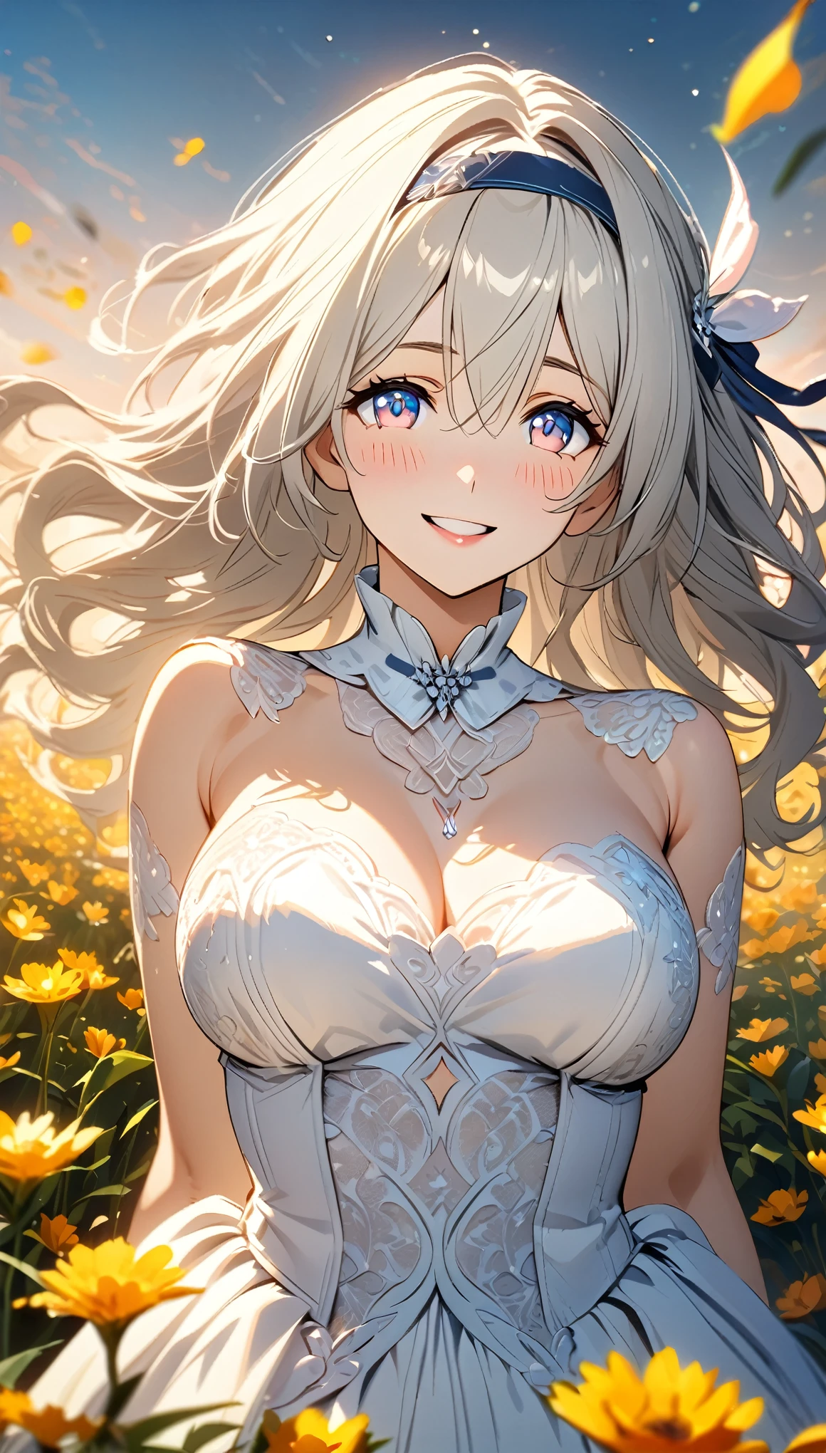 beautiful girl, long grey hair, beautiful face,smiling,close up to hips, beautiful breast, in the middle of flowers field, wearing beautiful wedding dress, (open mouth:0.4),illustration,detailed textures(realists),ultra-detailed,portrait style,vivid colors,soft lighting, blushing, mature, hair fluttering, evening light , head band, keyhole cleavages