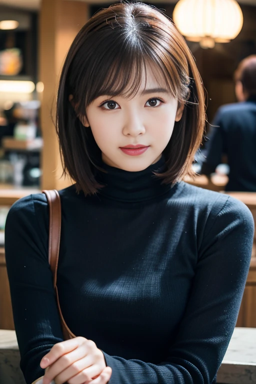 (8k, RAW Photos, highest quality, masterpiece:1.3), (Realistic, photo-Realistic:1.4), (Highly detailed 8k wallpaper), Sharp focus, Written boundary depth,
Japanese Idols,very cute,(Baby Face), (Long sleeve、turtleneck:1.3),(Bobcut : 1.3), Look at us and laugh, Upper Body, Highly detailed face and eyes,((Shiny skin:1.2)), Cinema Lighting, Soft Light, Blur the background, A cafe with a retro atmosphere)