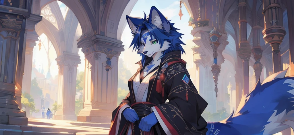 A beautiful and detailed (sweet picture) von ((Krystal)), Sternenfuchs Krystal, Schlank, liebenswert, green eyes, medium breasts, (((Lange blaue Haare 1.3))), ((schwarze haarspitzen)), Dekollete, Grinsen, hoch schauen,, anthro, Pelzig, Hochgeladen E621, detailed flauschige fur, (von Fluff-Kevlar, Bayard Wu, Personalami, Pino Daeni), detailliertes Gesicht, (flauschige), 1 girl, Allein, Stammes-Kleidung, sweet girl, solo, wears a mages robe