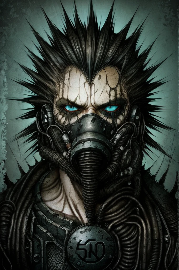 (masterpiece:1.3), a digital painting of a demonic looking creature with long hair and a creepy look on it's face, a portrait of a man holding bolt in his mouth, a close up of a person with eyes of different color and size, edges of face disappearing turning into wires and tubes, gas mask equipped with massive air intakes, dirty cyan background, grunge texture, one eye closed, cyan eye, orange eye, man's face with spiky implants instead of hair and blue eyes in front of a grunge background, edges of his face disappearing turning into wires, edges of face disappearing turning into wires and tubes, edges of face disappearing turning into wires, face and body disappearing turning into wires, horrifying implants on the top of her head, a drawing in style of AIDA_ColGruBioMec, (artwork by AIDA_ColGruBioMec:1.3) (in style of H.R.Giger:1.1)