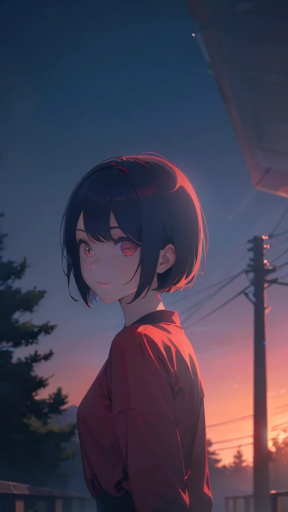 girl with short bob hair,Red eyes ,A shining heaven,Walking in heaven,A distant view