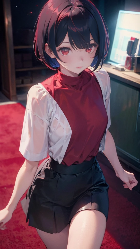 girl with short bob hair,Red eyes ,A shining heaven,Walking in heaven,A distant view