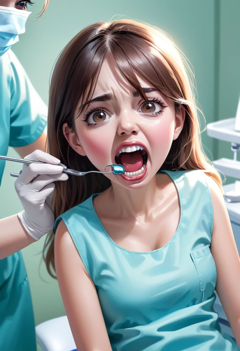 girl，Caries treatment，dentist，it hurts，scared，Open your mouth