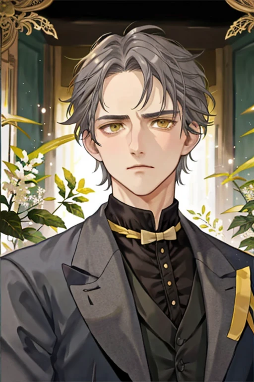 anime man in his late 40s with short dark brown hair and faded grey hair and yellow eyes with scowl and forehead lines dressed in Victorian dark suit 