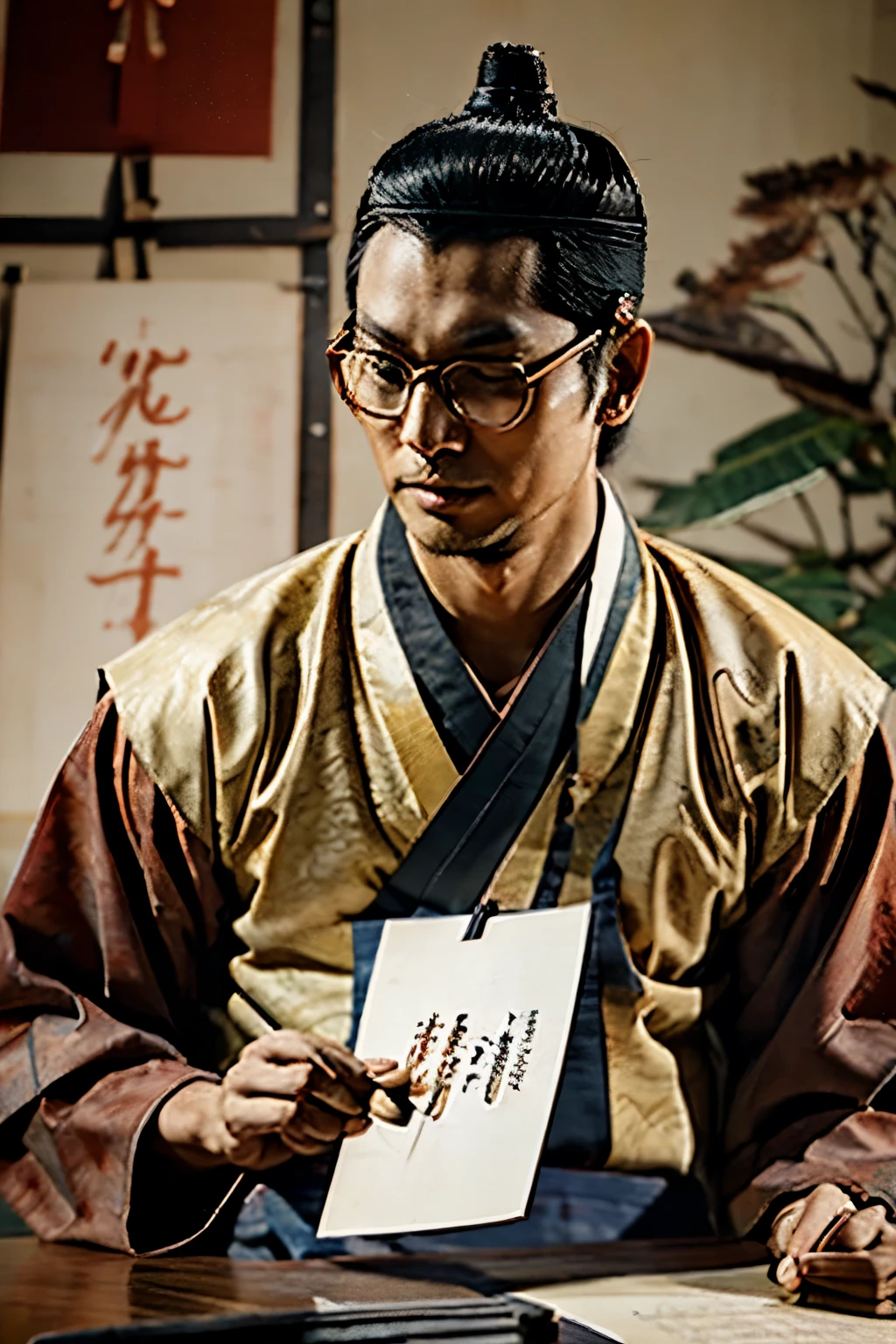 A 30-year-old male teacher wearing glasses and holding a brush sat writing calligraphy like ancient Vietnamese people, writing the words "Breathing" on large paper.