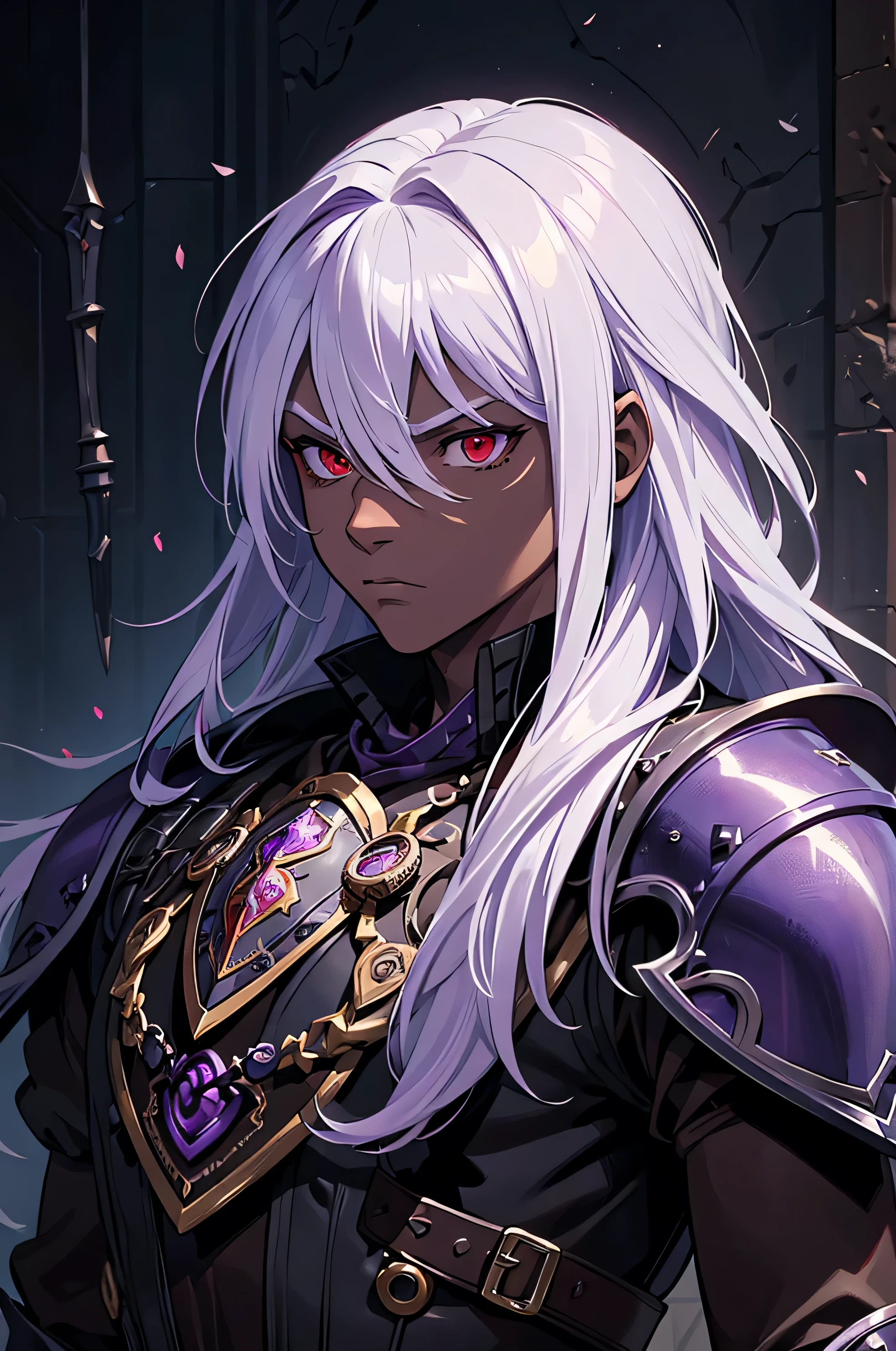((best quality)), ((masterpiece)), (detailed), ((boy)), (steampunk), (dungeonpunk), drow with purple skin, upper body, portrait, red eyes, long white hair, Xemnas from Kingdom Hearts, half-drow, dark skinned, (full knight armor), paladin, serious face