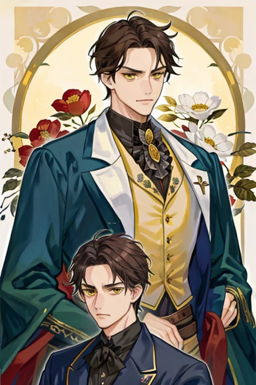 anime man in his late 40s with short dark brown hair and yellow eyes with scowl and forehead lines dressed in Victorian dark suit