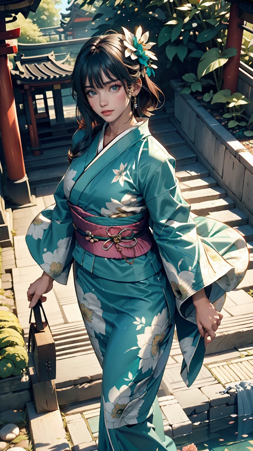 One girl, alone, From above, (White lily flower), beautiful, complicated, highest quality, Detailed Background, Sayaka Miki, ((girl wearing a patterned teal kimono:1.2)), (Walking through a Zen garden),  カジュアルなPause, Detailed Texture, Pause, fローラl print, Hair Flowers, hair ornaments, kimono, kimono, heart, Outdoor, Pagoda, petal, (teal kimono), sash, shrine, null, Stone stairs, torii, Wide sleeves, yukata 