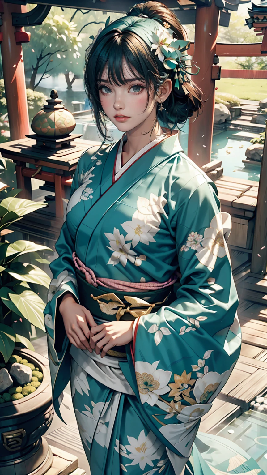 One girl, alone, From above, (White lily flower), beautiful, complicated, highest quality, Detailed Background, Sayaka Miki, ((girl wearing a patterned teal kimono:1.2)), (Walking through a Zen garden),  カジュアルなPause, Detailed Texture, Pause, fローラl print, Hair Flowers, hair ornaments, kimono, kimono, heart, Outdoor, Pagoda, petal, (teal kimono), sash, shrine, null, Stone stairs, torii, Wide sleeves, yukata 