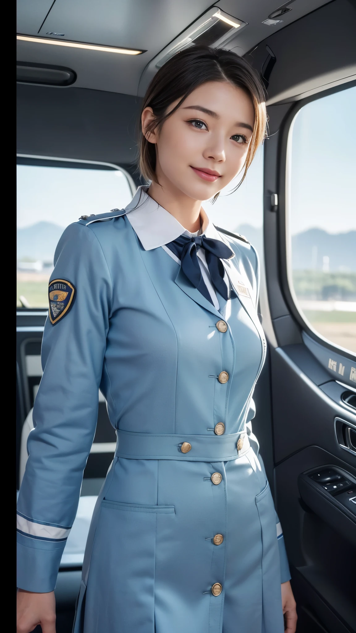 (NSFW), 1womanl, Solo, 24 year old, 7headed body, (cute  face), (Ideal ratio body proportions), Inside a passenger aircraft, Stewardess uniform, (((Sitting on legs with bent knees))), (((Spread legs))), (((Open your crotch wide))), ((Wear your upper body securely)), ((a miniskirt)), ((Panties with a small area)), ((Crouch Panty Shot)), ((Show off your panties to the camera)), Smiling smile, erectile nipple, Sexy body, Wet, short-hair, Dark hair, small tits, A slender, Small buttocks, beauty legs, Skinny Legs, surrealism, Cinematic lighting, depth of fields, One-person viewpoint, F/1.8, 135 mm, nffsw, masutepiece, ccurate, ((Anatomically correct)), Textured skin, Super Detail, high details, High quality, awardwinning, Best Quality, hight resolution, 8K