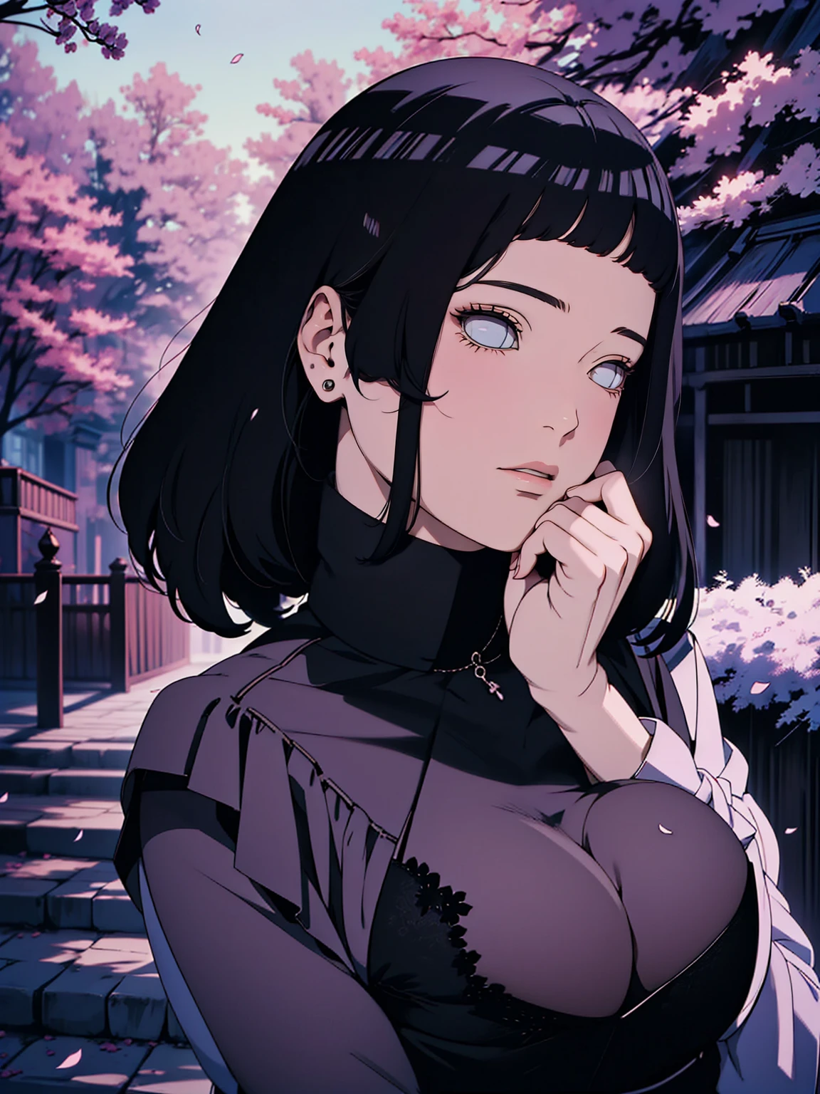 { - anatomy error} (Masterpiece - Ultra-detailed, very high resolution) Meisterwerk, absurdres, Hinata\(Boruto\), 1girls, nur,reifes Weibchen, lila Kapuzenpullover,layered sleeves, braune Hose, al fresco,Lavendelblütenfeld, Blick auf den Betrachter, (falling petals), overcast sky, Perfekte Komposition, Detaillierte Lippen, large chest, Beautiful face, Body Propotion, (black dress), flush, (rosa Lippen), (black hair) Lange Haare, lila Augen, Sanfter Blick, sad smile, Super realistisch, Detailliert, Fotoshooting, Realistic face and body, Realistisches Haar, Realistische Augen, realistische Nase, Realistische Lippen, backwards, looking back
