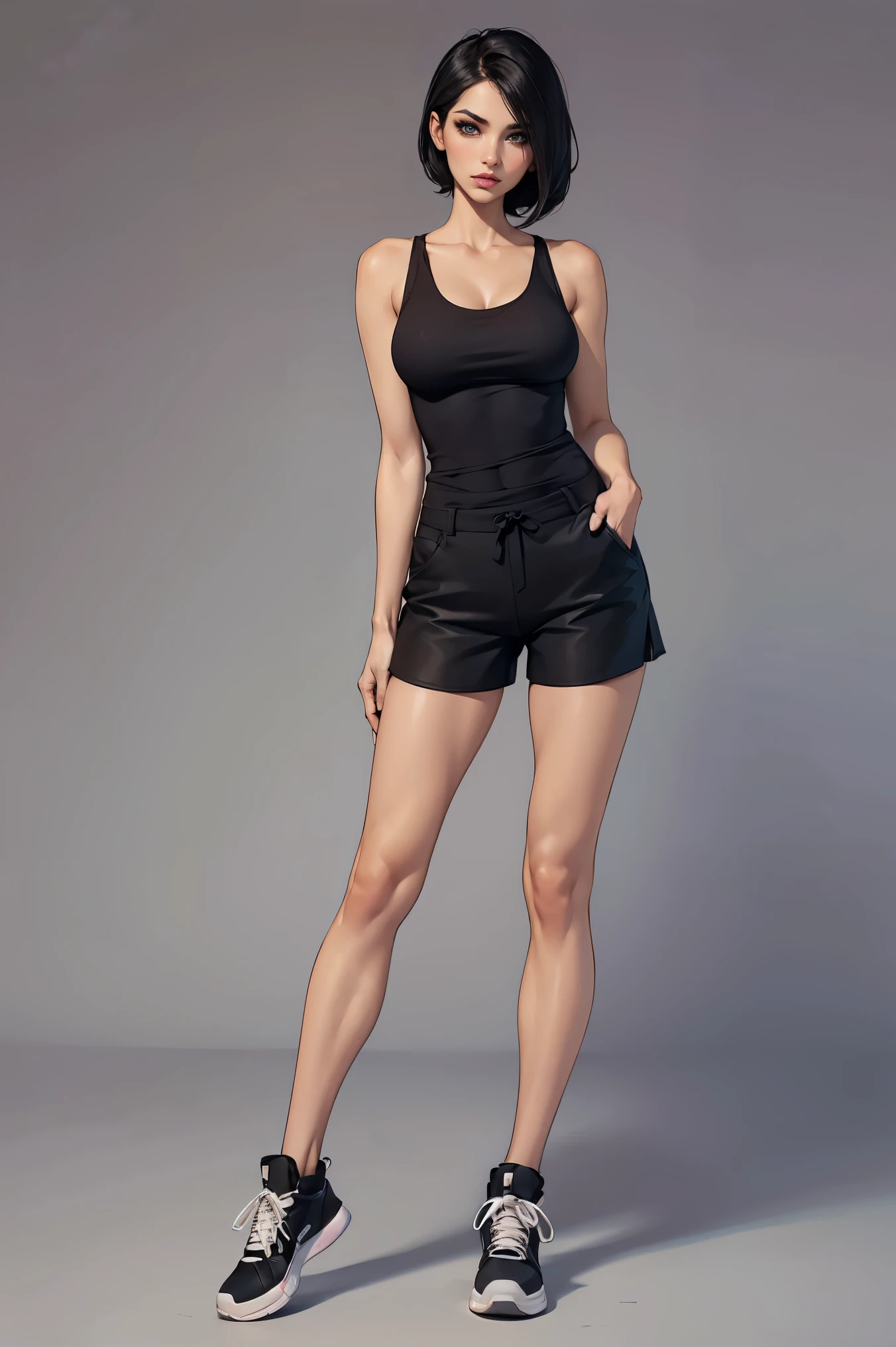 makeup, mascara, woman 25 years old, stylish, Clean, Elegant and luxurious designs, Simple, Distinctive designs, simple silhouettes, chic and mature impression, elegance, minimalism, standing, full body, cleavage, prefect model face, simple background, empty hands, sleeveless, tank top, tight shorts, sneakers, shot from back, perfect buttocks
