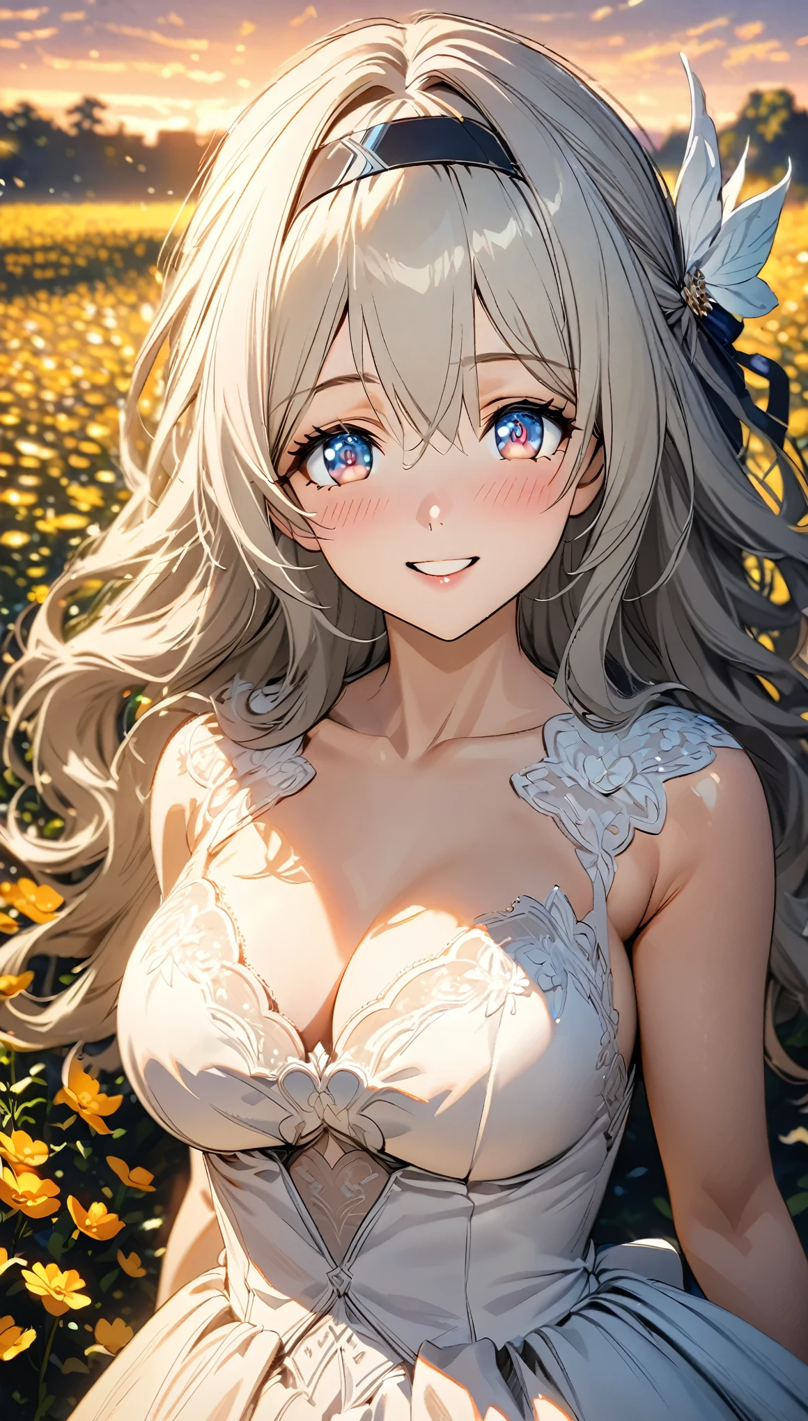 beautiful girl, long grey hair, beautiful face,smiling,close up to hips, beautiful breast, in the middle of flowers field, wearing beautiful wedding dress, (open mouth:0.4),illustration,detailed textures(realists),ultra-detailed,portrait style,vivid colors,soft lighting, blushing, mature, hair fluttering, evening light , head band, cleavages 