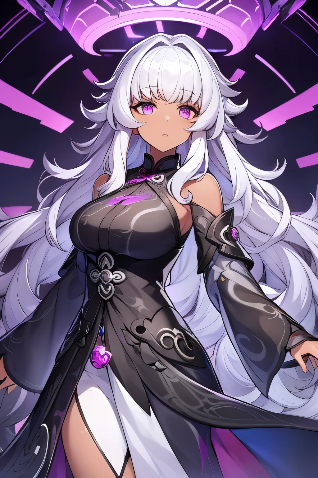 1girl, Glaucous Curly Hair, ((Voluminous hair)), Bright silver eyes, (Downturned eyes), Dark skin, (Tattoos), Futuristic Hanfu, Futuristic Staff