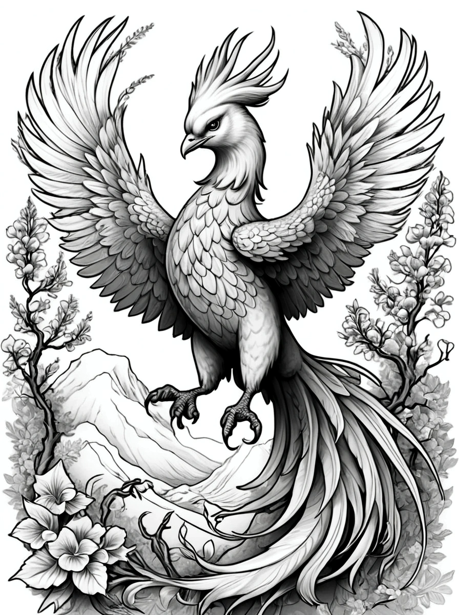As a coloring book, White background, black and white, line drawing. No coloring. borders should be simple, clear, distinct, and thick lines. By Cartoon style of [phoenix], [fiery feathers, mythical features, dynamic pose], [mountain shrine], [wisteria ]