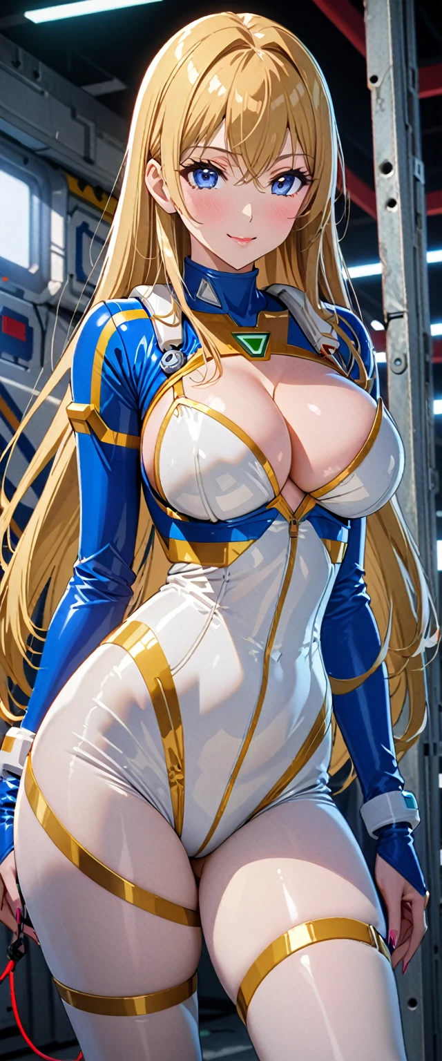 ((masterpiece)), ((high quality)), ((super detailed)), ((high resolution)), ((8k)),a beautiful woman, ((She is one of the most famous actress in Japan.)), unparalleled beauty, ((large breast:1.4)), ((large ass)), ((deep cleavage)), slim waist, chest out, ultra detailed face, perfect skin, (((waist length hair, ((long straight golden hair)), crossed bangs))), blue eyes, detailed eyes, whole body image, sexy, an inviting smile, sensual, (((anime))), ((glamorous)), sexual attraction ,23 years old, ((incredibly beautiful woman)), ((The H cup bust)), ((sexy pose)), ((neat and clean.)), (((Power Ranger))), heroine, (((white line on blue colored spacesuit))), ((beautiful breasts)), beautiful legs, 8 life size, anime:1.4, the most beautiful and strongest, ((charm)),