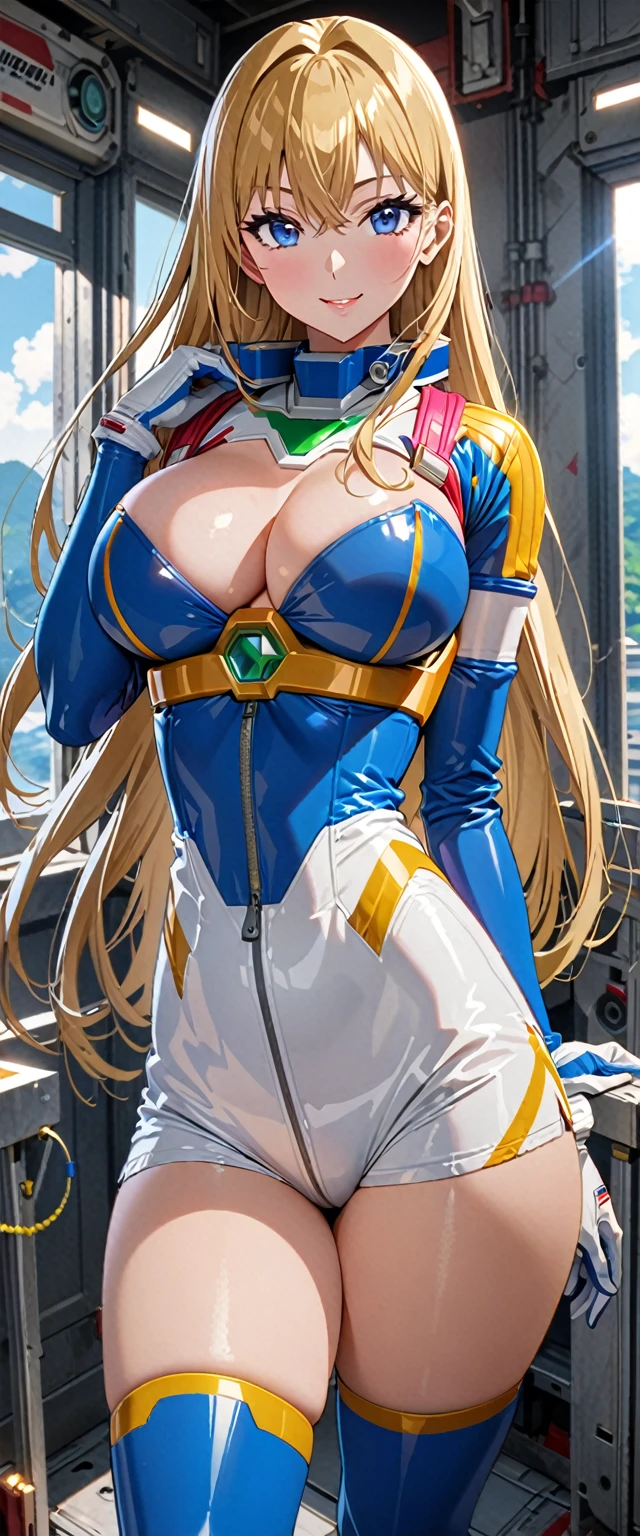 ((masterpiece)), ((high quality)), ((super detailed)), ((high resolution)), ((8k)),a beautiful woman, ((She is one of the most famous actress in Japan.)), unparalleled beauty, ((large breast:1.4)), ((large ass)), ((deep cleavage)), slim waist, chest out, ultra detailed face, perfect skin, (((waist length hair, ((long straight golden hair)), crossed bangs))), blue eyes, detailed eyes, whole body image, sexy, an inviting smile, sensual, (((anime))), ((glamorous)), sexual attraction ,23 years old, ((incredibly beautiful woman)), ((The H cup bust)), ((sexy pose)), ((neat and clean.)), (((Power Ranger))), heroine, (((white line on blue colored spacesuit))), ((beautiful breasts)), beautiful legs, 8 life size, anime:1.4, the most beautiful and strongest, ((charm)),