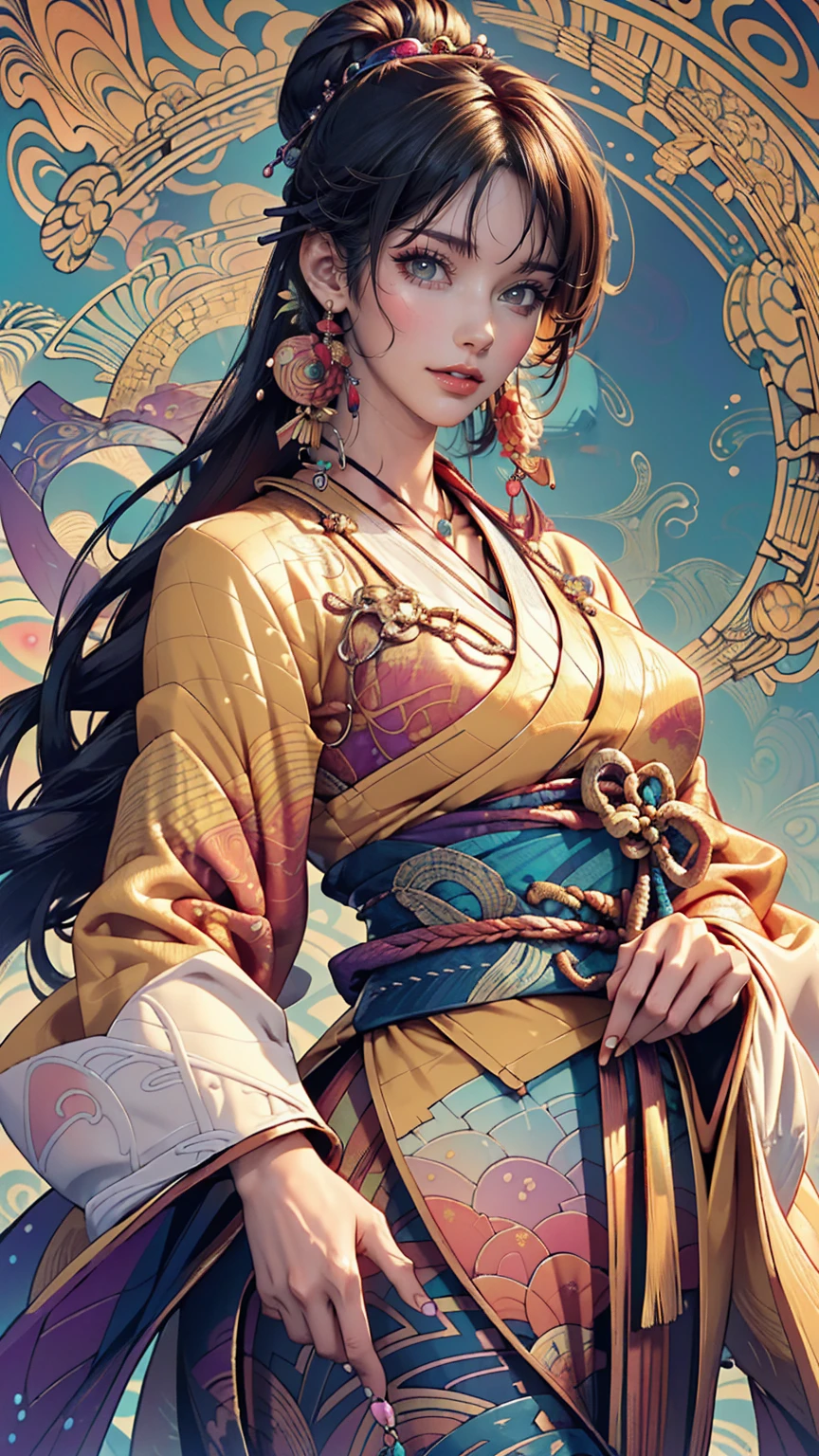 (masterpiece, highest quality, highest quality, Official Art, beautifully、aesthetic:1.2), (One girl:1.3), Very detailed,(Fractal Art:1.1),(colorful:1.1),Most detailed,(Zentangle:1.2), (Dynamic pose), (Abstract background:1.5), (Japanese clothing:1.2), (Shiny skin), (Many colors:1.4), ,(Earrings:1.4),