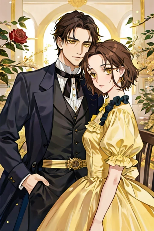 anime man in his late 50s with short dark brown hair and yellow eyes with scowl and forehead lines dressed in Victorian dark suit