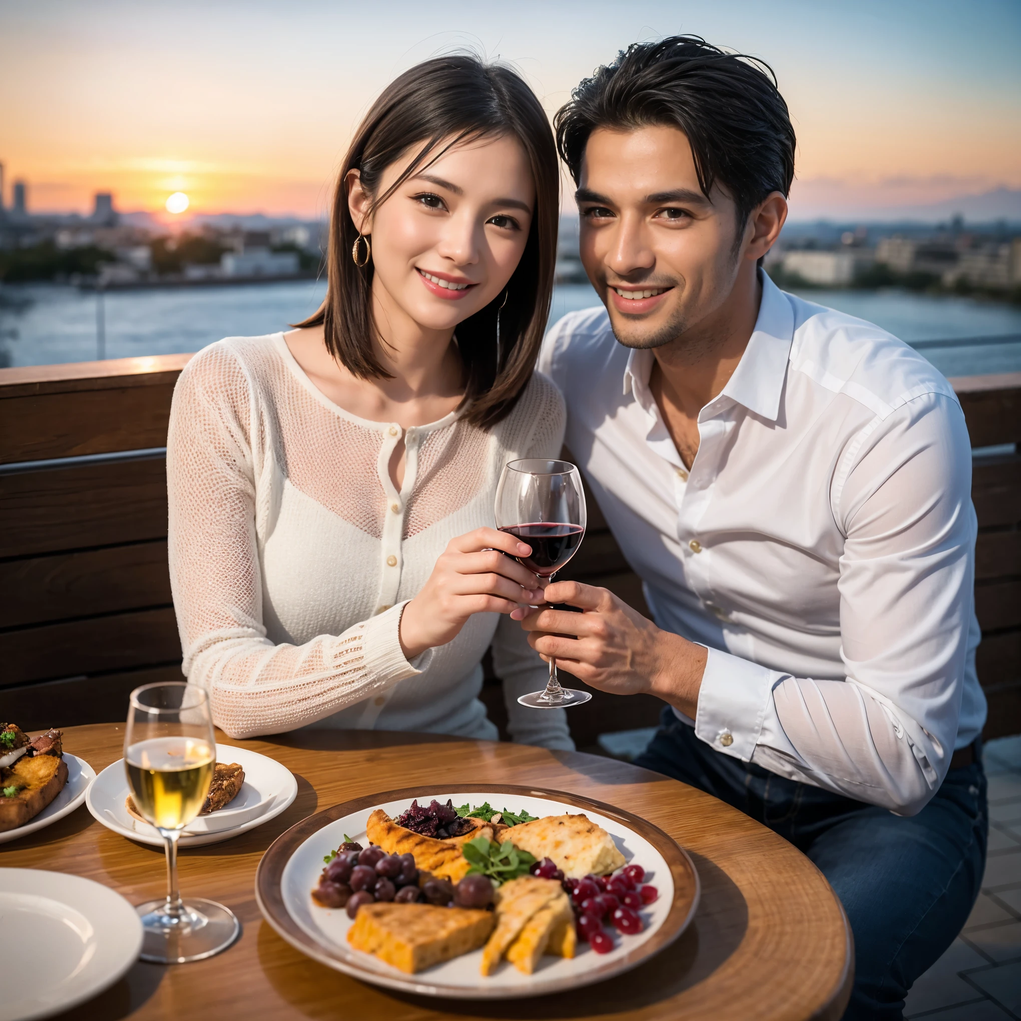 ((highest quality、8k、masterpiece:1.3))、 (Realistic, Real、Bright image、Intricate details:1.2), Best smile 1 man 1 woman、Beautiful couple、lover、couple、spouse、Beautiful couple、Happy smile、full-course dinner、 (Slim face), (Slim Body), (Brown Hair), (Short Hair), テーブルの上のwine glass、Please put light on my face、 Amazing view of the sunset sky and clouds、 (Age 42), 39 years old, red wine 、Appetizers、Wine bottle、sparkling wine、Long sleeve shirt、dress、White wine, red wine, wine glass,