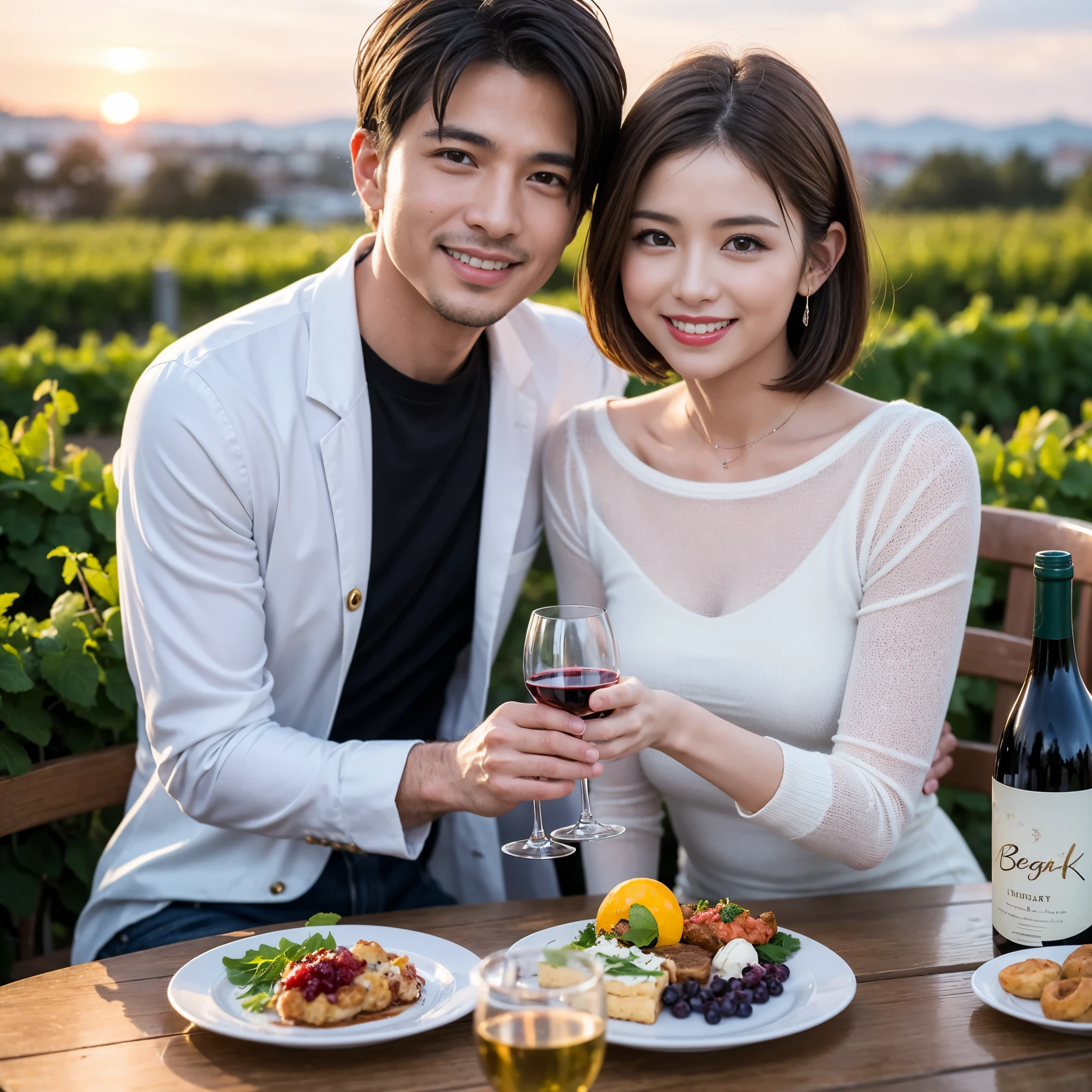 ((highest quality、8k、masterpiece:1.3))、 (Realistic, Real、Bright image、Intricate details:1.2), Best smile 1 man 1 woman、Beautiful couple、lover、couple、spouse、Beautiful couple、Happy smile、full-course dinner、 (Slim face), (Slim Body), (Brown Hair), (Short Hair), テーブルの上のwine glass、Please put light on my face、 Amazing view of the sunset sky and clouds、 (Age 42), 39 years old, red wine 、Appetizers、Wine bottle、sparkling wine、Long sleeve shirt、dress、White wine, red wine, wine glass,