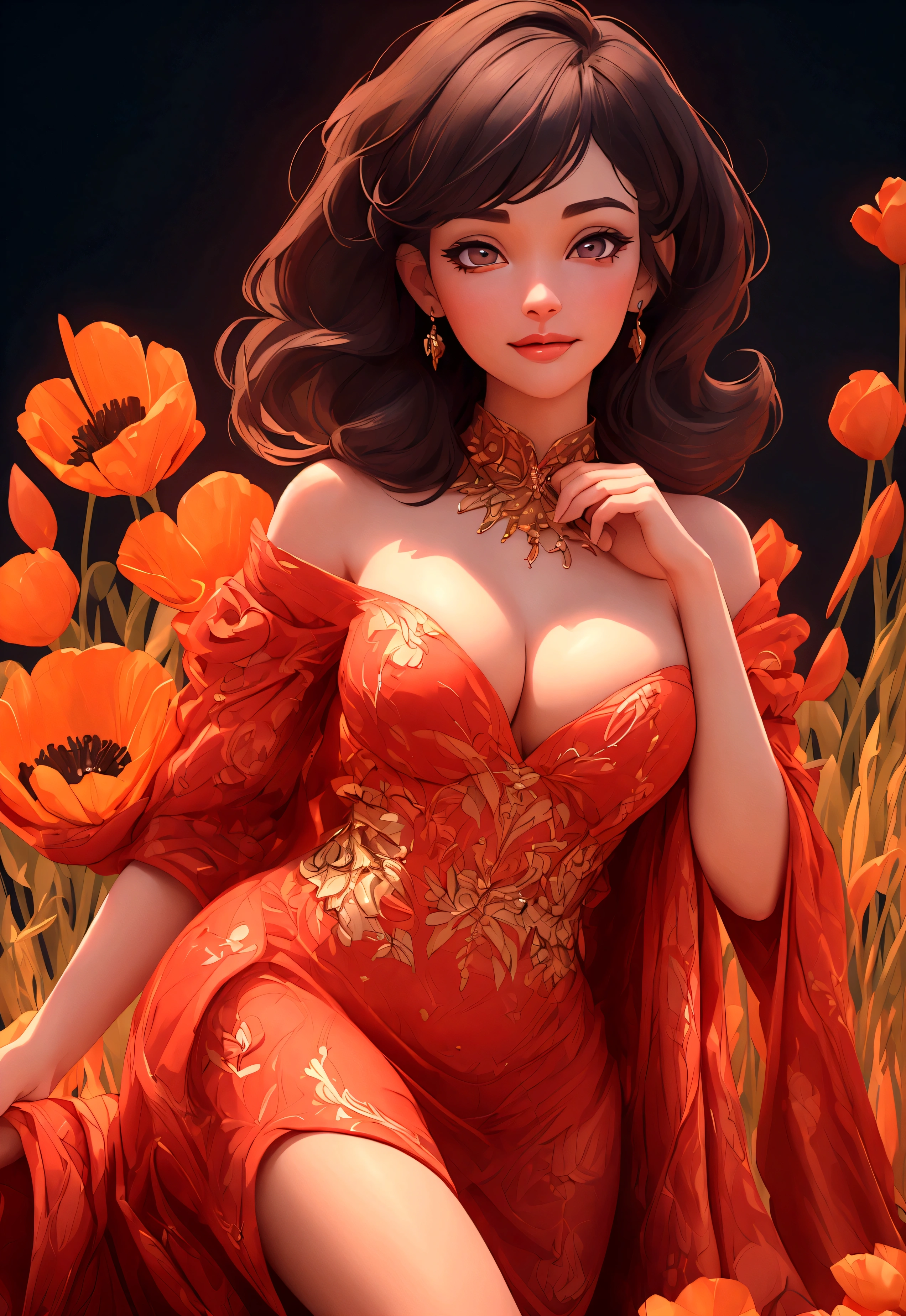 (best quality,4k,8k,highres,masterpiece:1.2),ultra-detailed,(best quality,realistic:1.2), lovely woman, Beautiful girl, red dress, skin tight dress, short black hair, field of poppy flowers, portrait, standing in an s-shape, lustful smile, seductive eyes, sexy breasts, ample breasts, curvy hips, sunset, play, joy, beauty, harmony, portrait, soft lighting, vibrant colors, HDR, 8k, absurdres, cinestill 800, sharp focus, add_detail:2, Ultra HD | | | ((Fullbody-shot)) add_detail:2 (1woman, solo)
