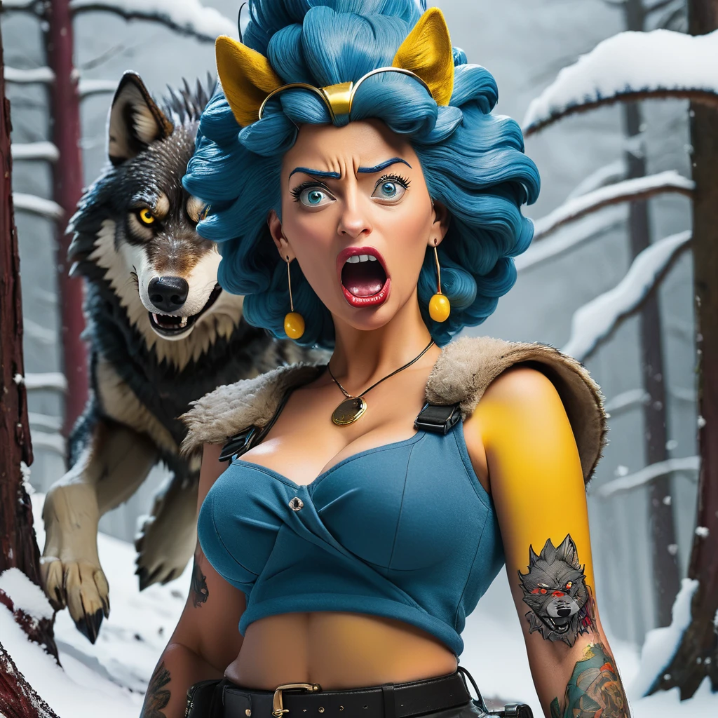 4k highly detailed realistic digital extremely high quality RAW photograph, a portrait photo of Marge Simpson that lived with wolves her whole life is now leading them to battle. torn clothes exposing (nude:1.4) body, armored pauldrons, fangs, curled horns, big breasts, ((snow and blood)), ((wolf tattoos)), epic, hyperrealistic, hyperrealism, 8k, cinematic lighting, greg rutkowski, wlop, (f1.8 short focus bokeh)