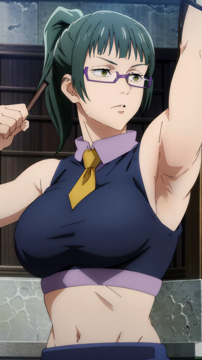 (best quality:1.5, highres, UHD, 4K, detailed eyes, detailed lighting, detailed hair, shaders), gym backround, dark green hair, ponytail, bangs,cool woman, cool girl, sharp eyes, yellow eyes, beautiful, large breasts, sport bra, gym outfit, sleeveless, necktie, glasses, armpits, detailed armpits