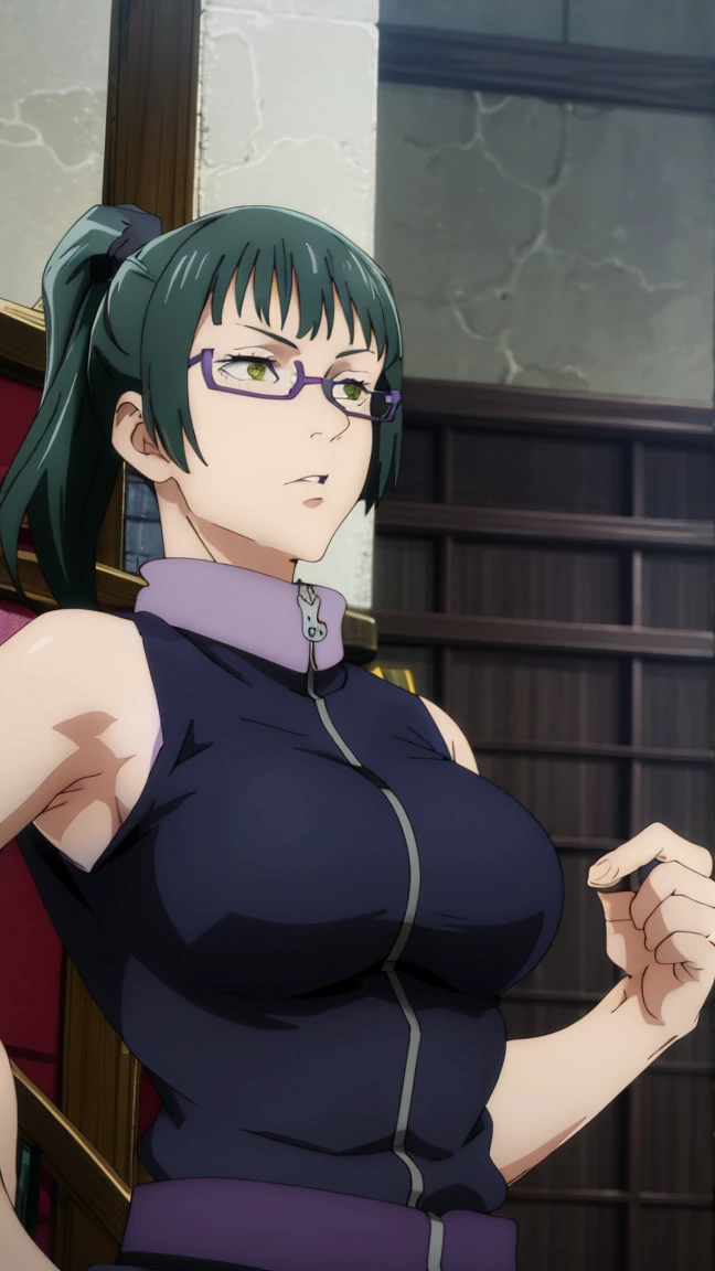 (best quality:1.5, highres, UHD, 4K, detailed eyes, detailed lighting, detailed hair, shaders), gym backround, dark green hair, ponytail, bangs,cool woman, cool girl, sharp eyes, yellow eyes, beautiful, large breasts, sport bra, gym outfit, sleeveless, necktie, glasses, armpits, detailed armpits