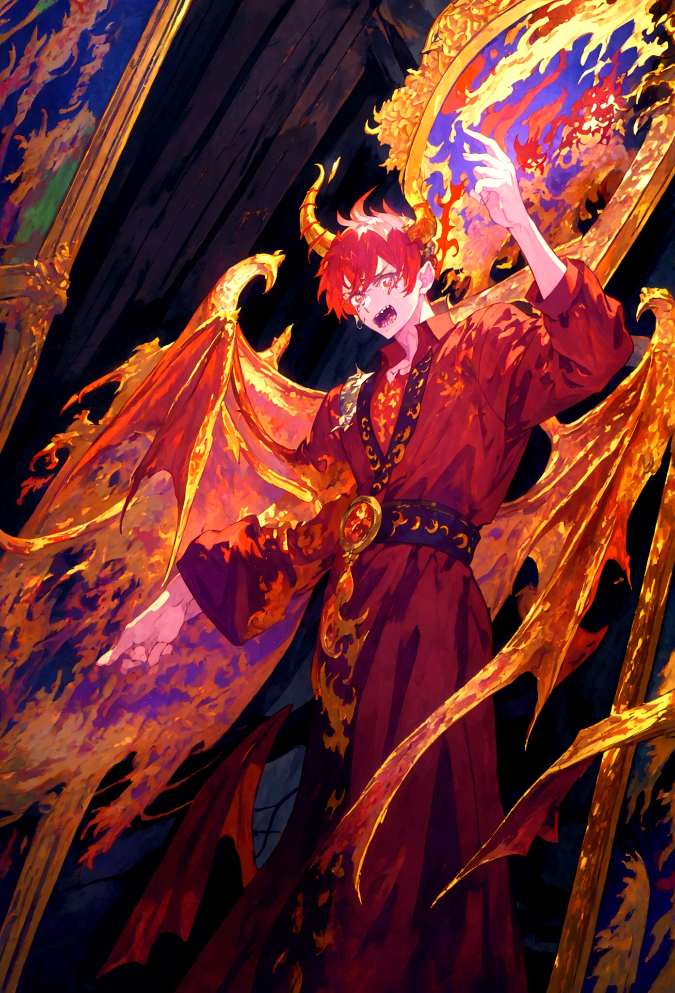 1 man, red hair, full body, ((half human and half dragon)), menacing gaze, horns coming out of his head and neck, golden scales around his arms, inspired by The Fallen Angel ((The Crying Lucifer Painting)) , breath of fire character, emperor of dragons, kaiser