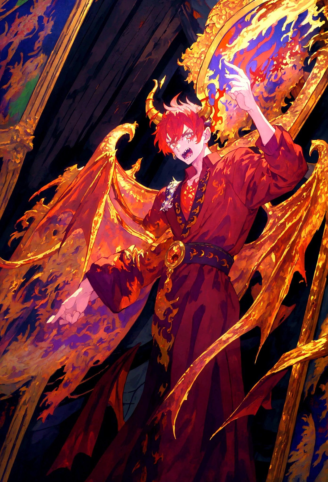 1 man, red hair, full body, ((half human and half dragon)), menacing gaze, horns coming out of his head and neck, golden scales around his arms, inspired by The Fallen Angel ((The Crying Lucifer Painting)) , breath of fire character, emperor of dragons, kaiser
