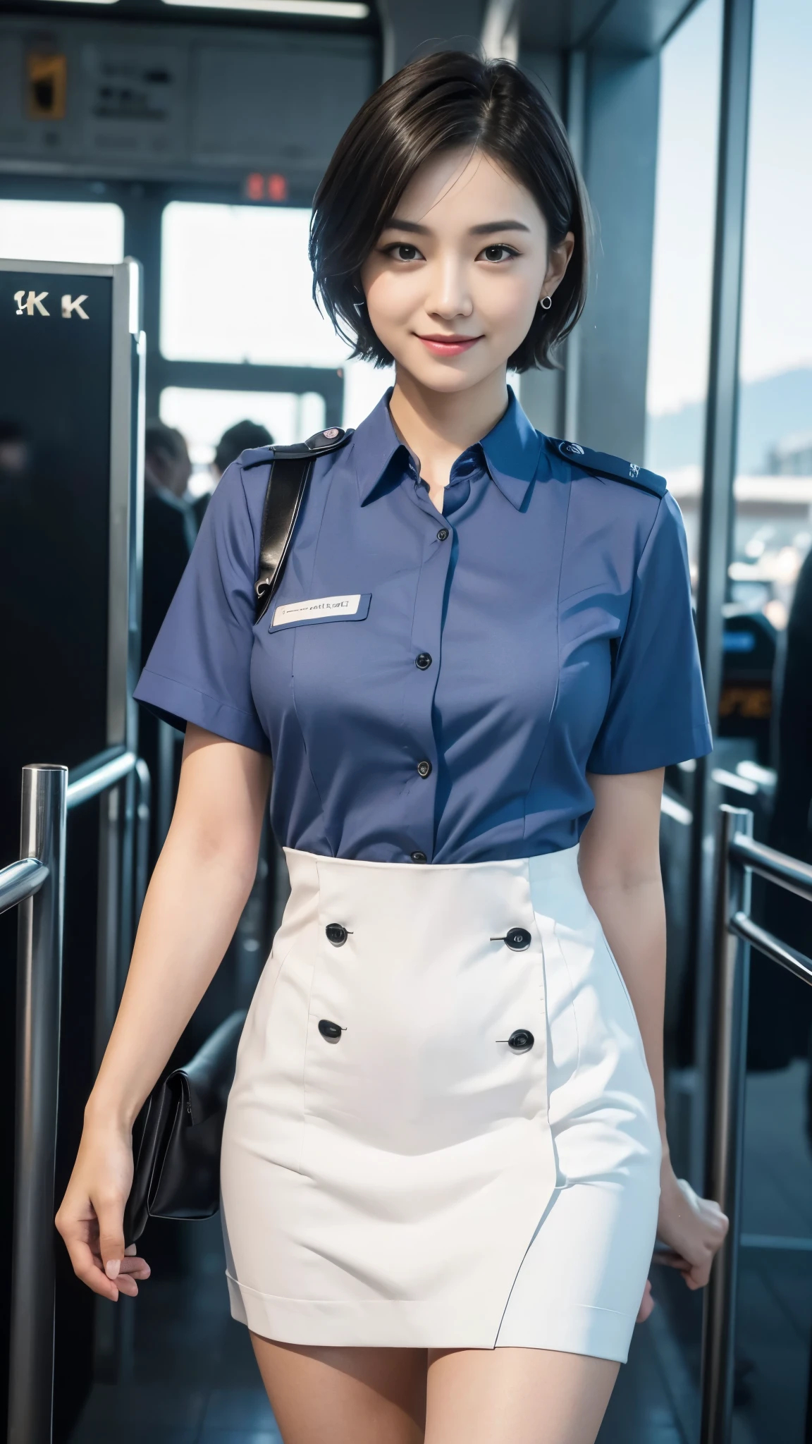 Female body set big breasts, wearing a female police uniform. Black Fishnet Stockings