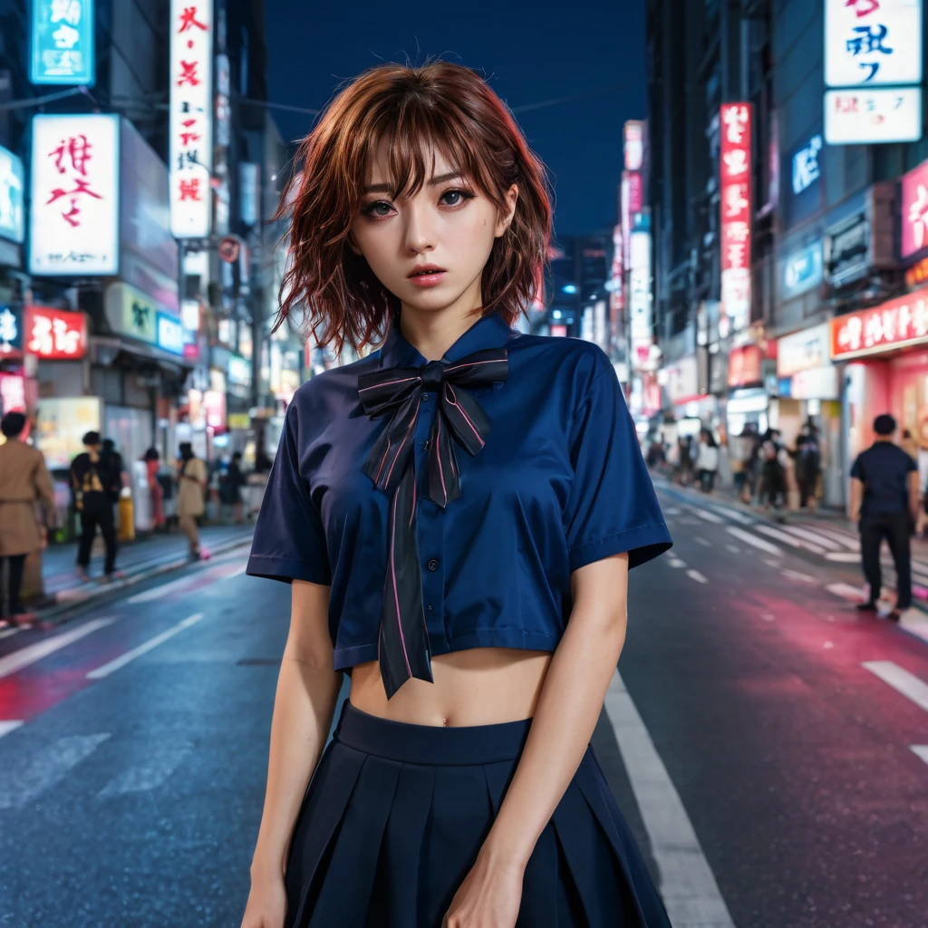 (8k, RAW photo, masterpiece:1.3), (realistic, photo-realistic:1.37), (night), (looking at viewer:1.331), (bloody hair), posing, Tokyo street, nightcityscape, cyberpunk city, soft light, nude girl, extremely beautiful face, bust, put down hands, Random hairstyle, Random expression, big eyes, lower abdomen, (short-sleeved .JK_shirt), JK_style, (dark blue short JK_skirt), (bow JK_tie), mix4., best quality