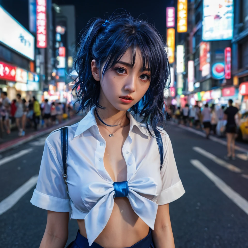 (8k, RAW photo, masterpiece:1.3), (realistic, photo-realistic:1.37), (night), (looking at viewer:1.331), (bloody hair), posing, Tokyo street, nightcityscape, cyberpunk city, soft light, nude girl, extremely beautiful face, bust, put down hands, Random hairstyle, Random expression, big eyes, lower abdomen, (short-sleeved .JK_shirt), JK_style, (dark blue short JK_skirt), (bow JK_tie), mix4., best quality