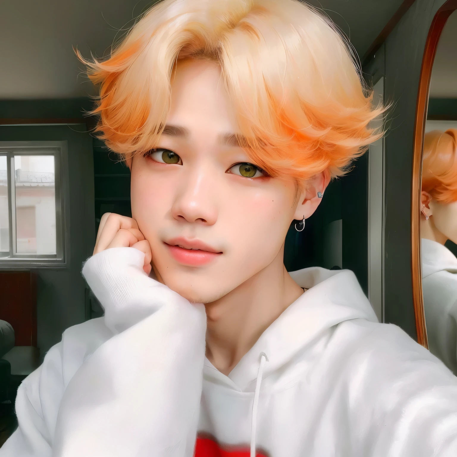 Chico rubio con cabello naranja y ojos verdes posando para una foto., park Jimin, Jimin\los labios carnosos, Jimin, accurate Jimin face, kim doyoung, pintar ulzzang, Jimin\his right eyelid is swollen, Jung Jaehyun, con pelo corto, foto de perfil en la cabeza, Jimin\'s grecian nose, ruan cute vtuber, pale korean adorable face
