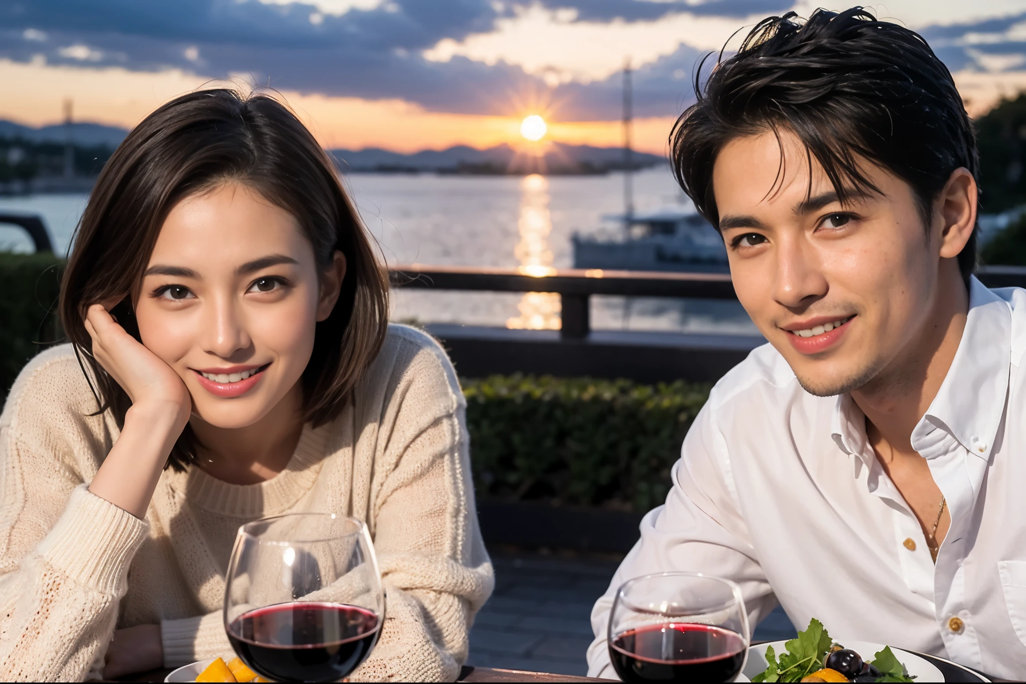 ((highest quality、8k、masterpiece:1.3))、 (Realistic, Real、Bright image、Intricate details:1.2), Best smile 1 man 1 woman、Beautiful couple、lover、couple、spouse、Beautiful couple、Happy smile、full-course dinner、 (Slim face), (Slim Body), (Brown Hair), (Short Hair), テーブルの上のwine glass、Please put light on my face、 Amazing view of the sunset sky and clouds、 (Age 42), 39 years old, red wine 、Appetizers、Wine bottle、sparkling wine、Long sleeve shirt、dress、White wine, red wine, wine glass,