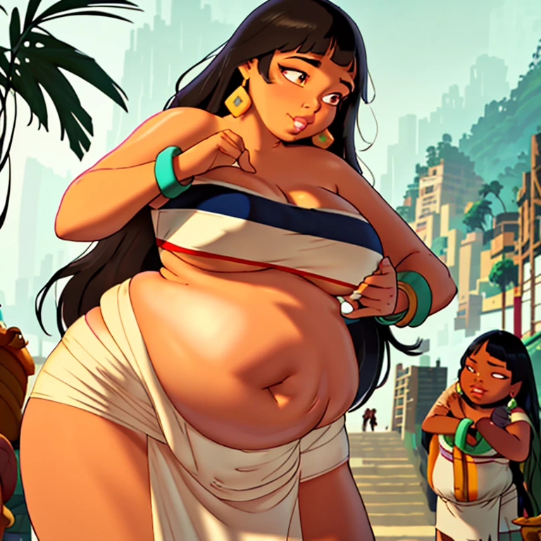 (Masterpiece), (best quality), (detailed), 1girl, (Chel from road to el dorado), giant obese fatty girl, Chel the queen of El Dorado, super obese 