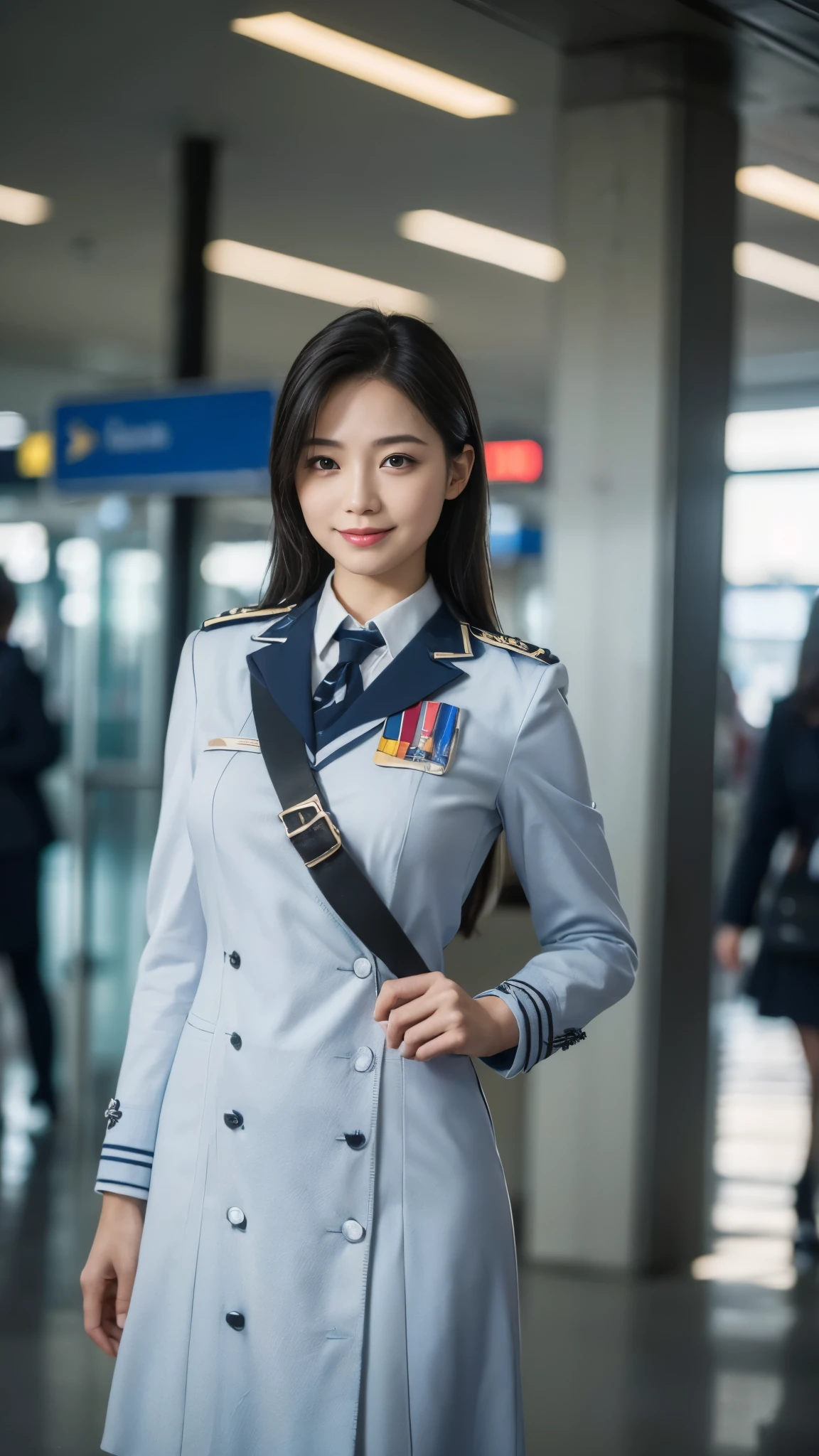 (dramatic angle)(stewardess  uniform)Mix 4,ultra detail  (8k, RAW Photos, 最high quality, masterpiece: 1.45), (Realistic, Photorealistic: 1.37), （Ultra high definition）（Textured skin）（Very detailed）（high quality）（最high quality）（First Person View）Beauty Women,smile ,airport
