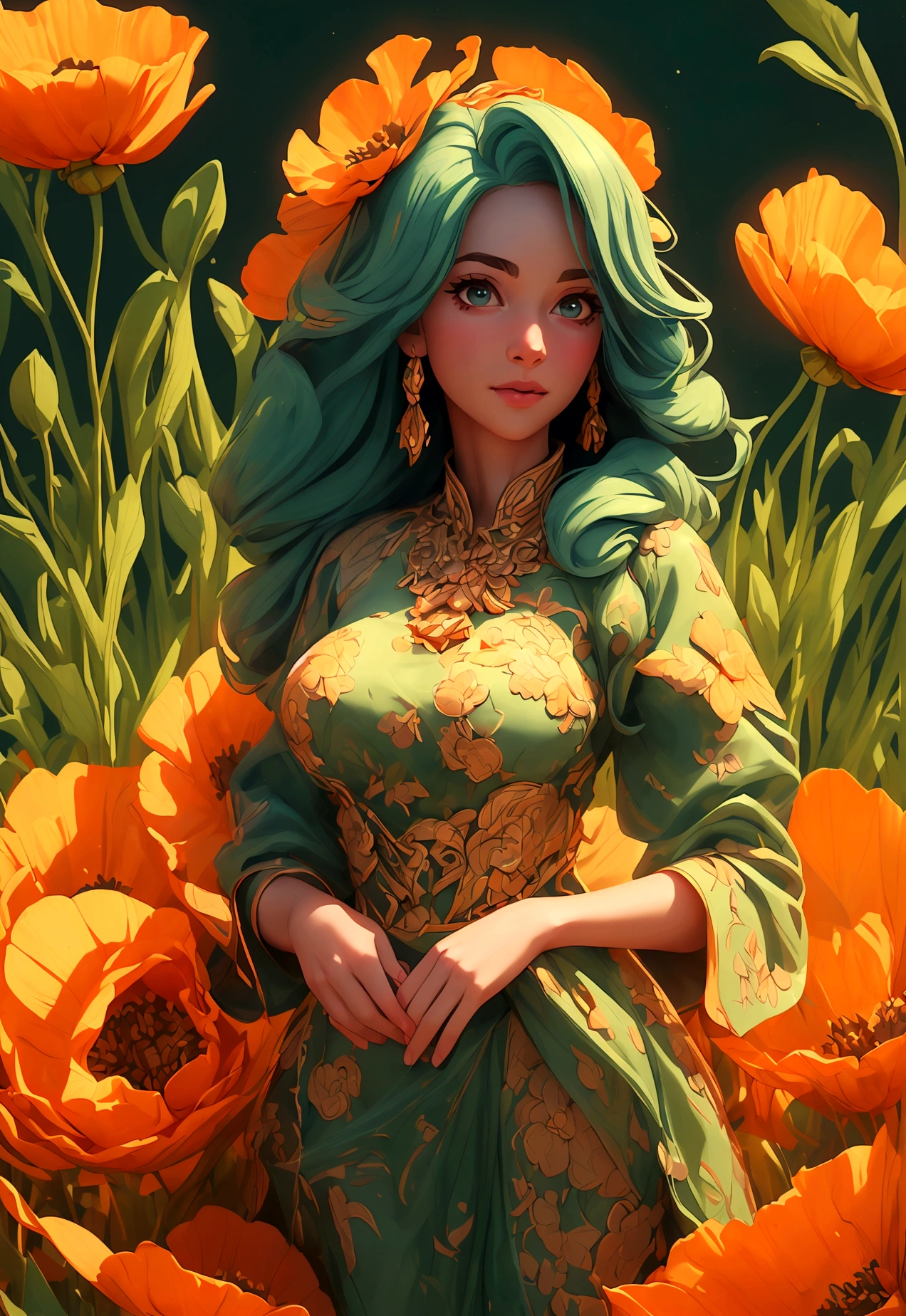 (best quality,4k,8k,highres,masterpiece:1.2),ultra-detailed,(best quality,realistic:1.2), lovely woman, Beautiful girl, field of poppy flowers, portrait, standing in an s-shape, green ringlets, sexy breast, ample breasts, curvy hips, sunset, play, joy, beauty, harmony, portrait, soft lighting, vibrant colors, HDR, 8k, absurdres, cinestill 800, sharp focus, add_detail:2, Ultra HD | | | ((Fullbody-shot)) add_detail:2 (1woman, solo)