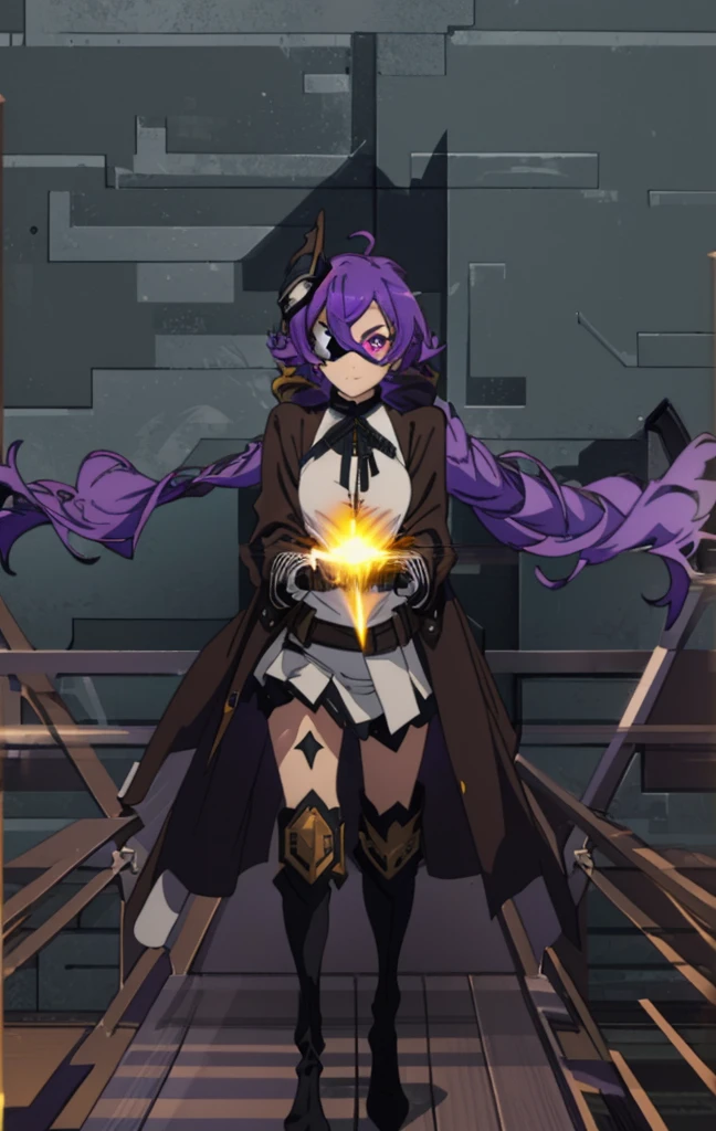 (masterpiece), best quality, a girl in a light purple suit and purple belt, Hero outfit, tight suit, full body, female hero, big boob, black mask in upper part face, black mask, light purple hair, short hair, black masquerade mask, twin tail hair, black boots