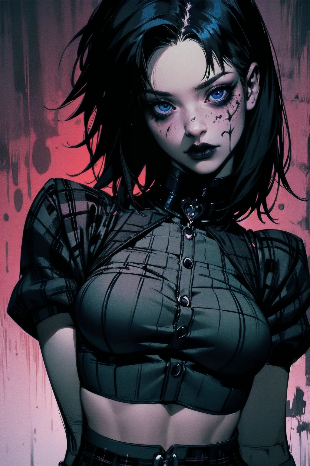a woman with short black hair, hair on shoulders, wearing a black cropped and plaid skirt, blue eyes, zombie art, gothic art, cute aesthetic with vibe, toon aesthetic, wearing red costume, wearing gothic accessories, look like Cassie Hack, upper body, halloween background