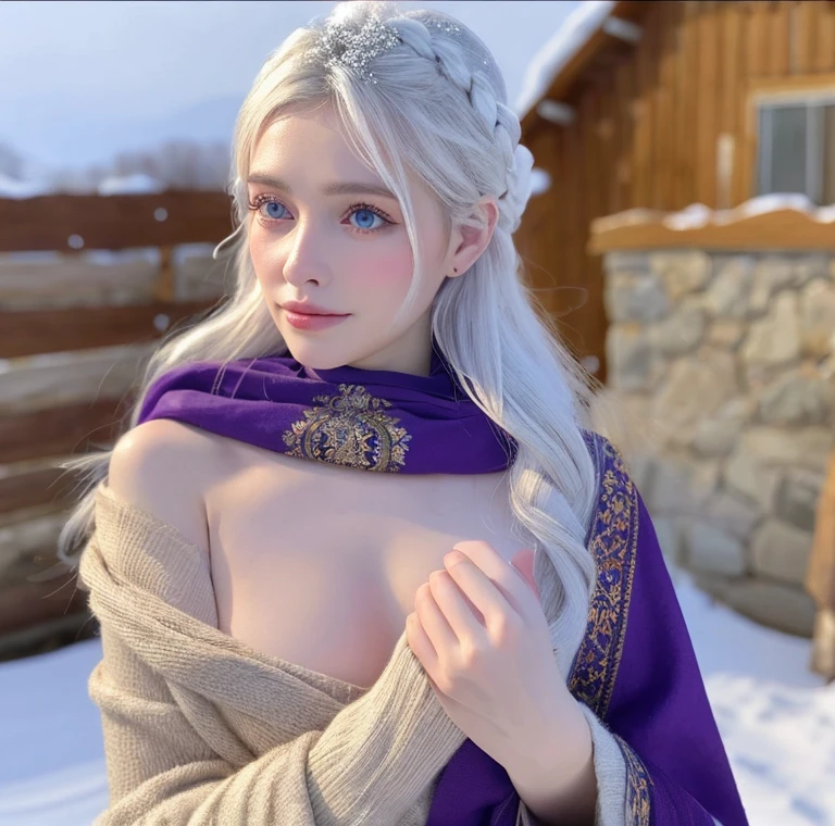 Beautiful girl, blue eyes, white hair, detailed facial traits, national turkic female dress, naked breasts, yurta behind, it's snowing