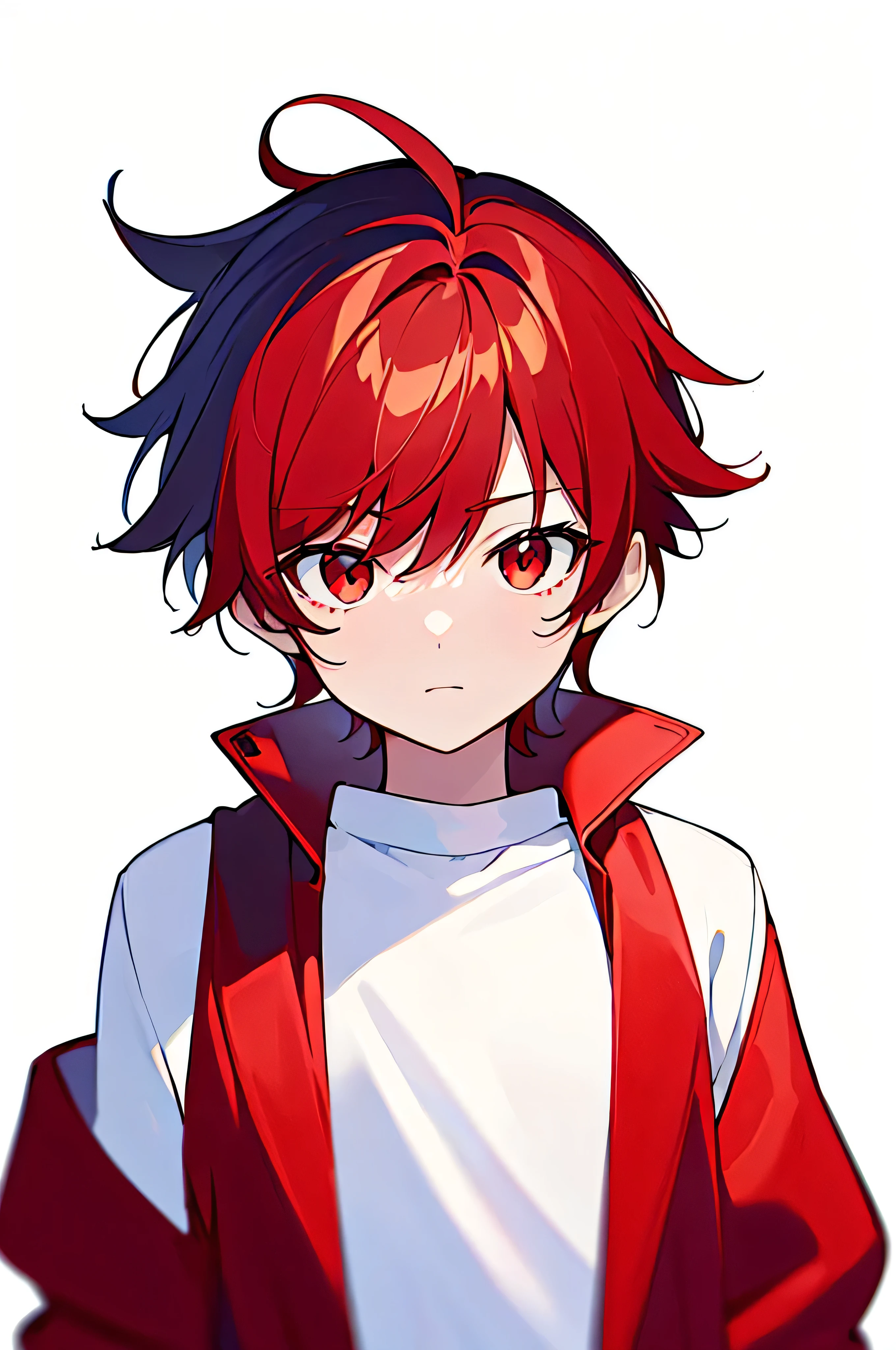 [(WHITE BACKGROUND:1.5),::5], (((masterpiece))), high quality, very_high_resolution, large_filesize, full color, Solo, (1 little boy), 13 old year, (short red hair), vivid color, Red eye, white shirt, upper body, anime style