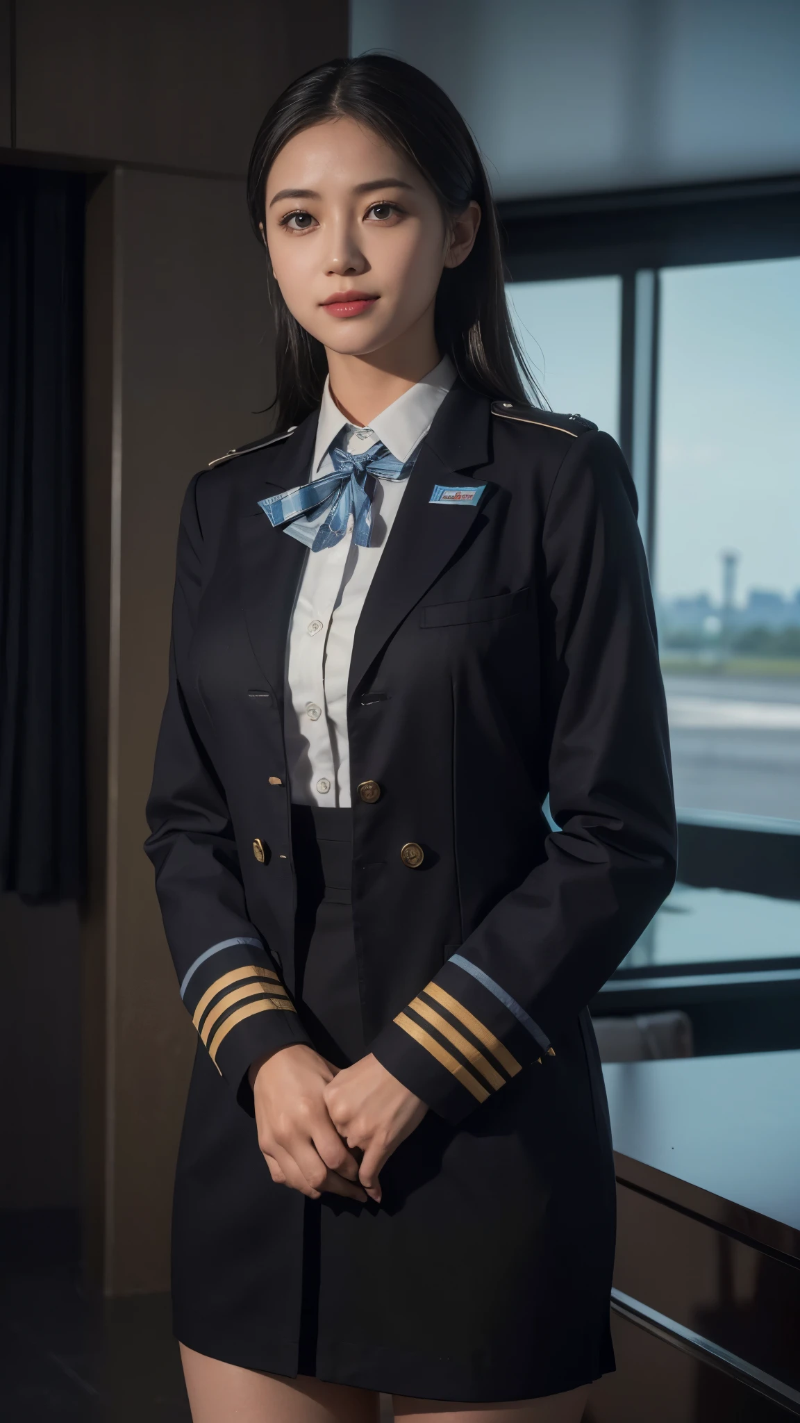 8K, of the highest quality, Intricate details, Ultra Detail, Ultra High Resolution, masterpiece, smile, (fluffy brown eyes: 1.21), Brown eyes, 1female, Solo, 40 years, cowboy shot, Standing , (Beautiful Face), Black bob hair, (Detailed face), Detailed lips, (Stewardess uniform:1.3), detailed chest, (huge breasts), detail, Perfect body, background: (in an airplane)