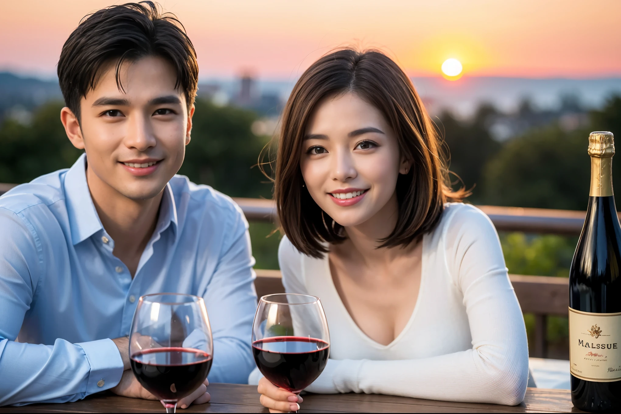((highest quality、8k、masterpiece:1.3))、 (Realistic, Real、Bright image、Intricate details:1.2), Best smile 1 man 1 woman、Beautiful couple、lover、couple、spouse、Beautiful couple、Happy smile、full-course dinner、 (Slim face), (Slim Body), (Brown Hair), (Short Hair), テーブルの上のwine glass、Please put light on my face、 Amazing view of the sunset sky and clouds、 (Age 44), 39 years old, red wine 、Appetizers、Wine bottle、sparkling wine、Long sleeve shirt、dress、White wine, red wine, wine glass, 