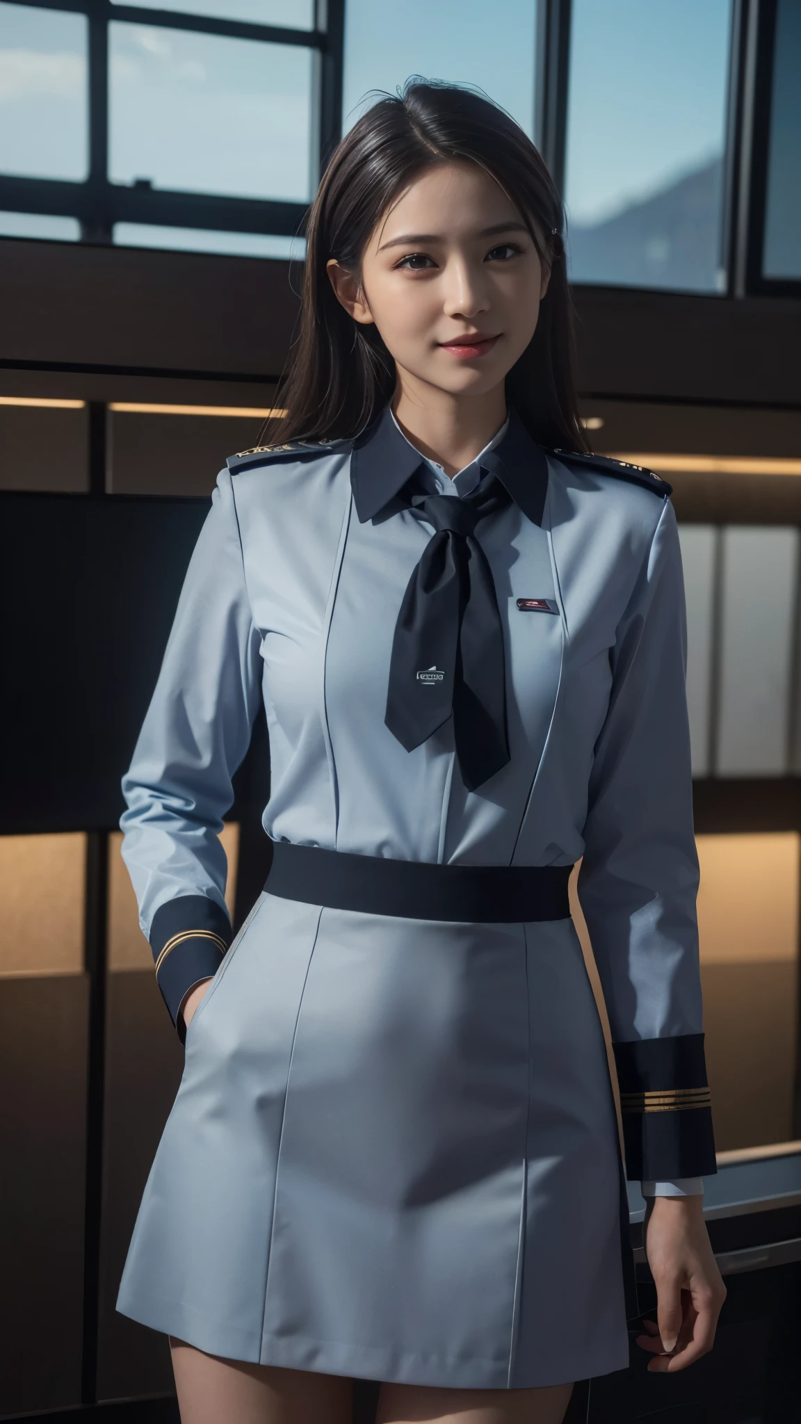 (dramatic angle)(stewardess uniform)Mix 4,ultra detail (8k, RAW Photos, 最high quality, masterpiece: 1.45), (Realistic, Photorealistic: 1.37), (Ultra high definition)(Textured skin)(Very detailed)(high quality)(最high quality)(First Person View)Beauty Women,smile ,airport