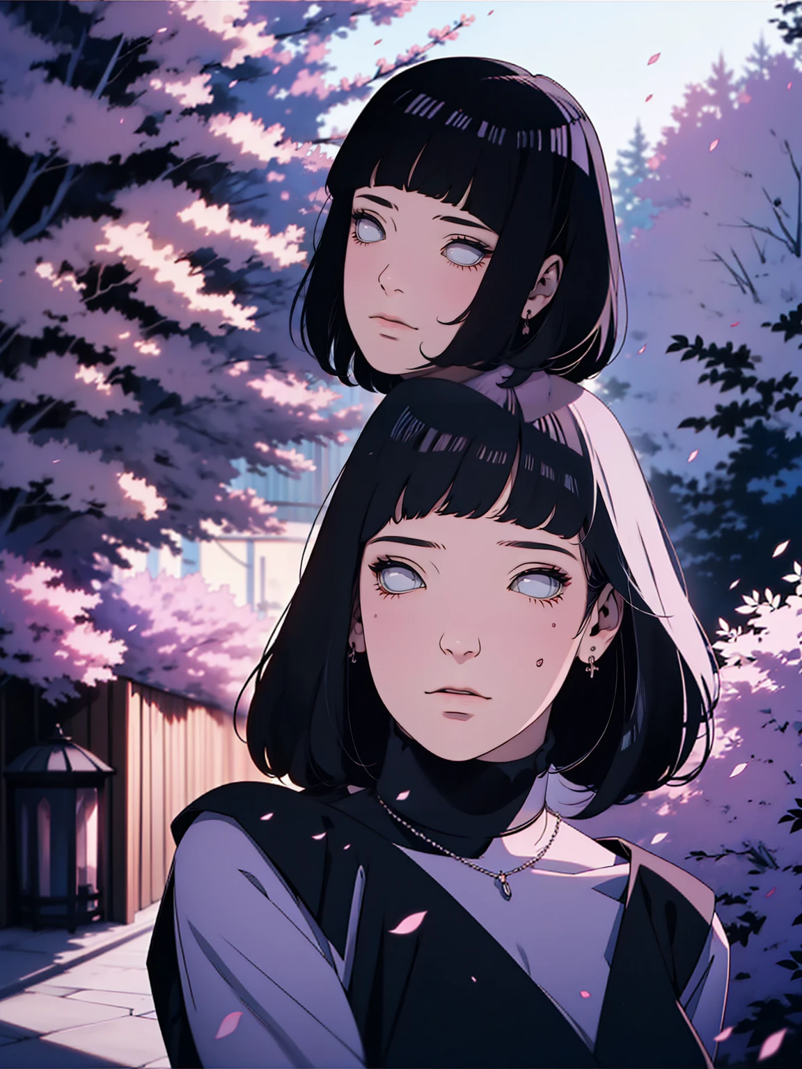 { - anatomy error} (Masterpiece - Ultra-detailed, very high resolution) Meisterwerk, absurdres, Hinata\(Boruto\), 1girls, nur,reifes Weibchen, lila Kapuzenpullover,layered sleeves, braune Hose, al fresco,Lavendelblütenfeld, Blick auf den Betrachter, (falling petals), overcast sky, Perfekte Komposition, Detaillierte Lippen, large chest, Beautiful face, Body Propotion, (black dress), flush, (rosa Lippen), (black hair) Lange Haare, lila Augen, Sanfter Blick, sad smile, Super realistisch, Detailliert, Fotoshooting, Realistic face and body, Realistisches Haar, Realistische Augen, realistische Nase, Realistische Lippen, backwards, looking back